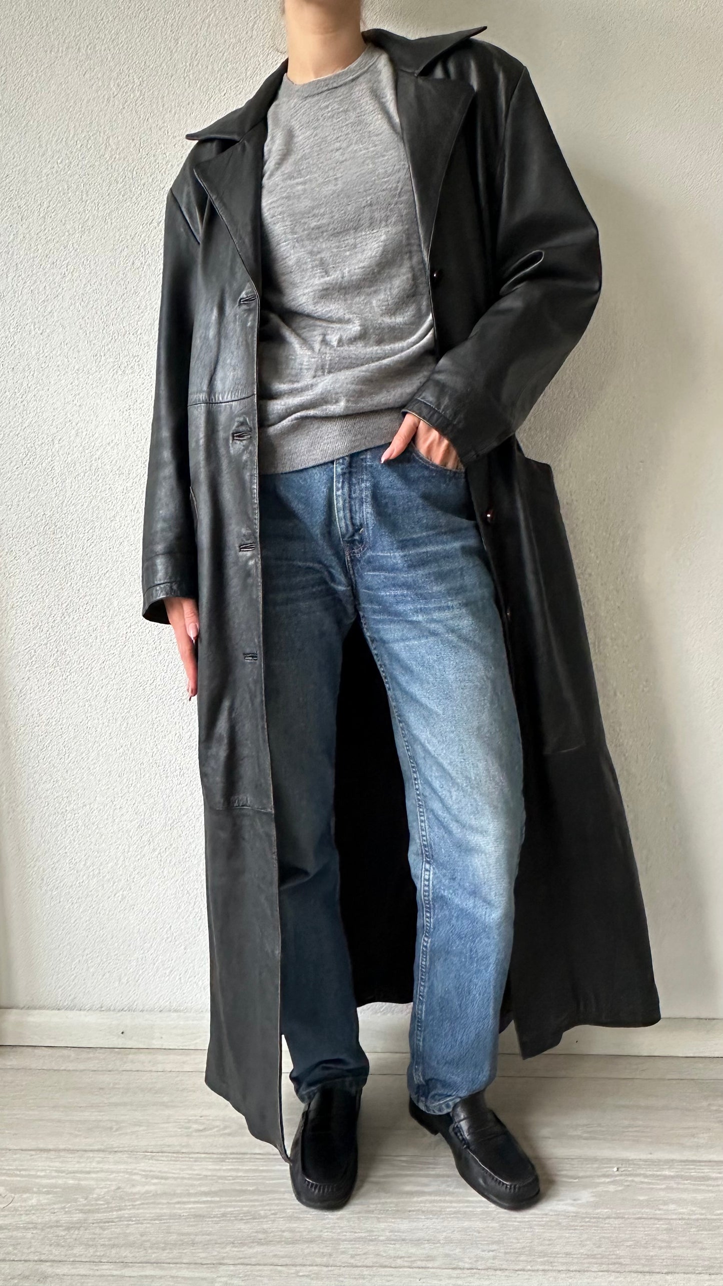 vintage matrix black long leather coat