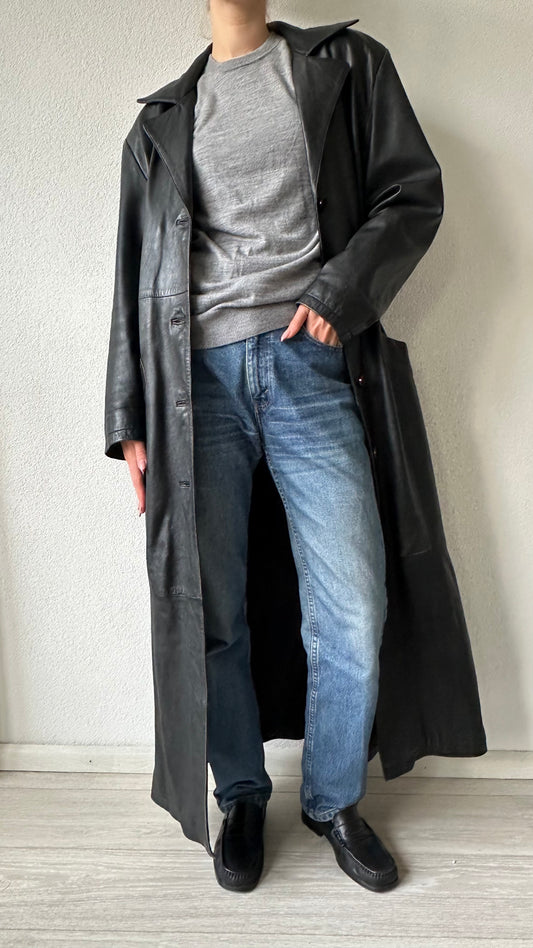 vintage matrix black long leather coat