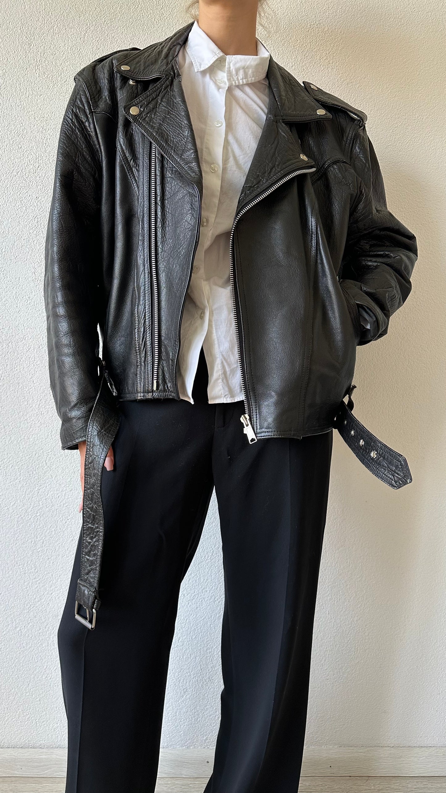 black leather vintage moto jacket