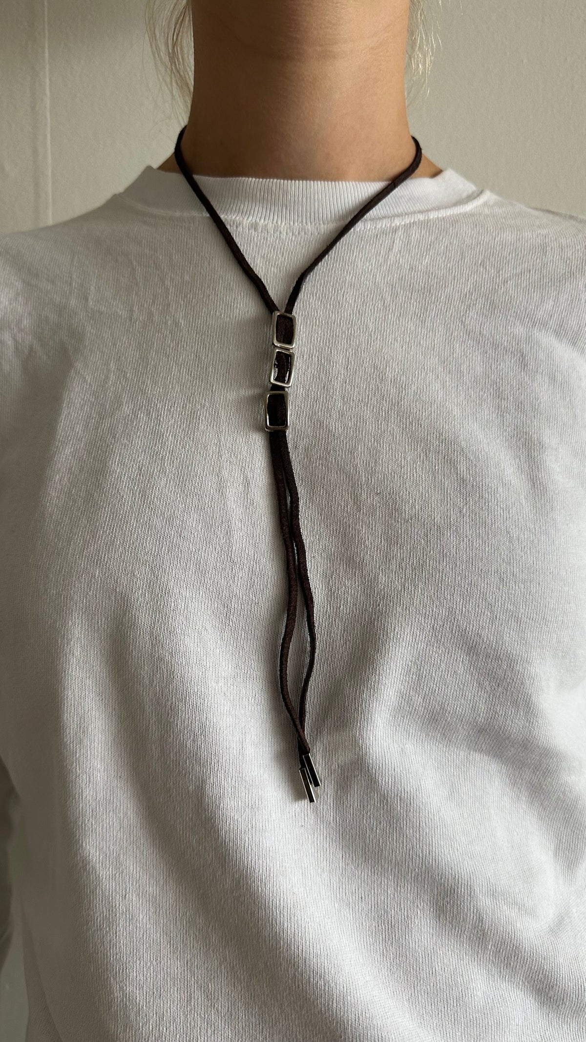 suede leather brown silver necklace