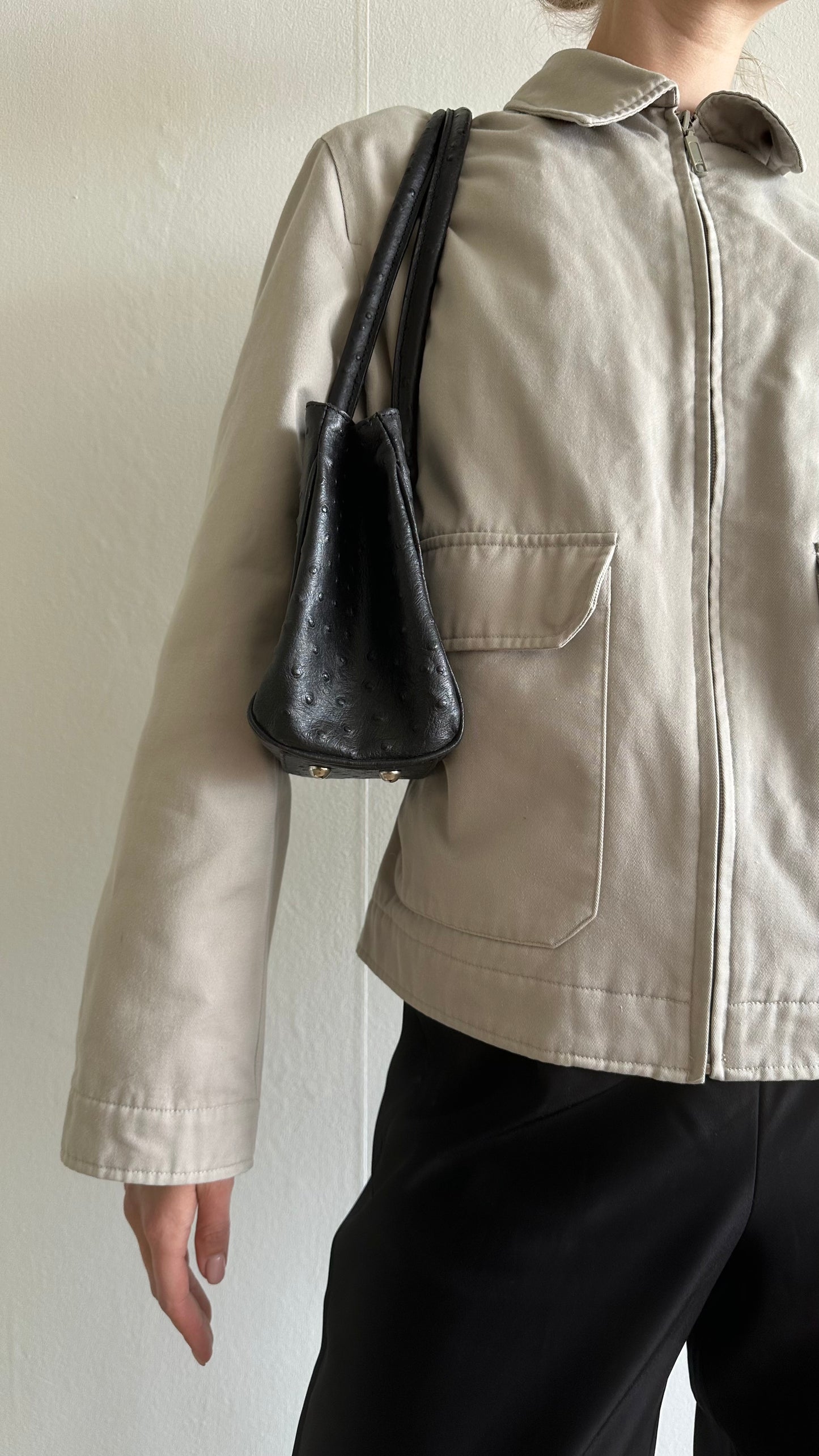 black ostrich leather shoulder bag