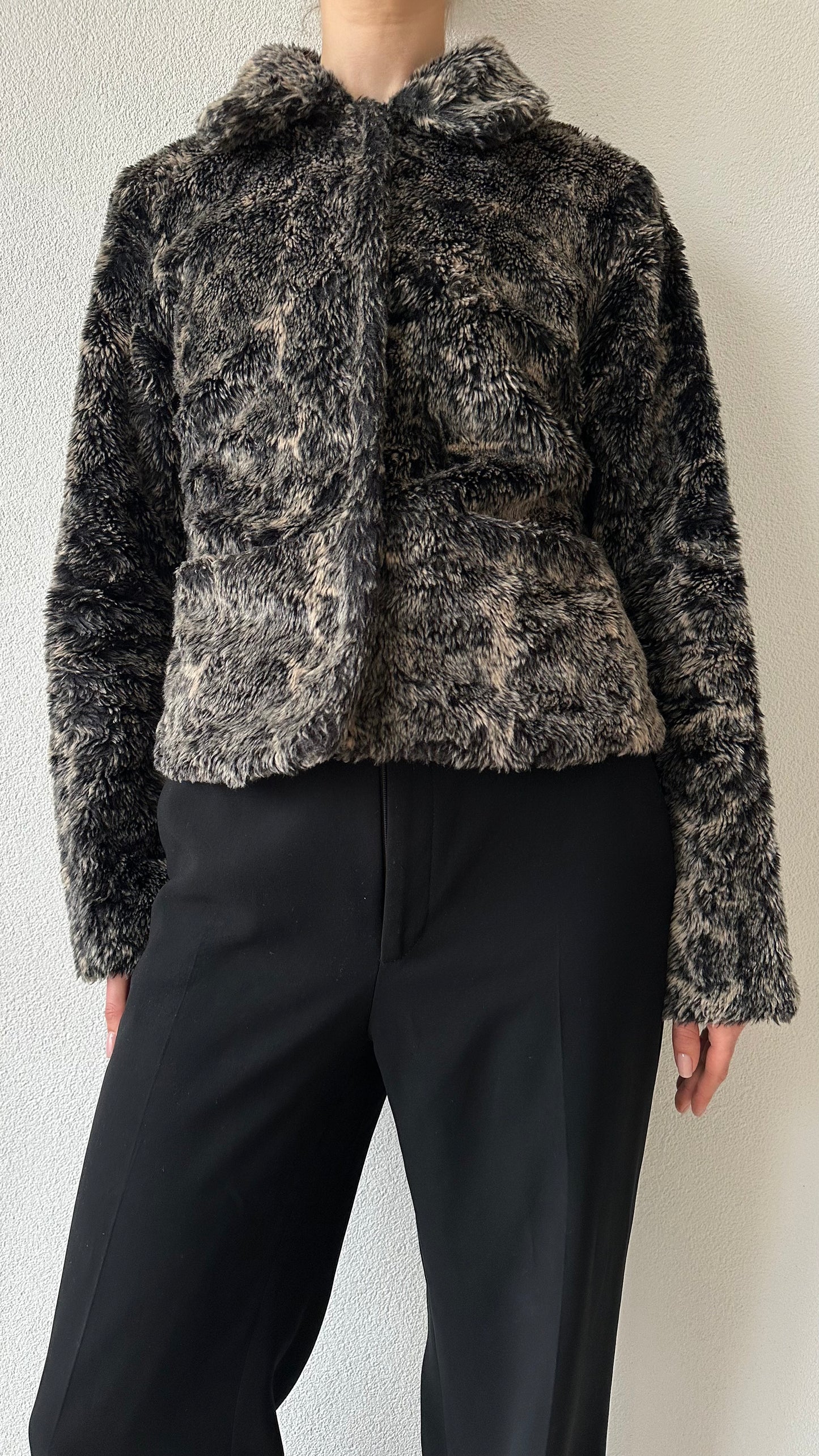 cropped faux fur coat in mingled grey and black