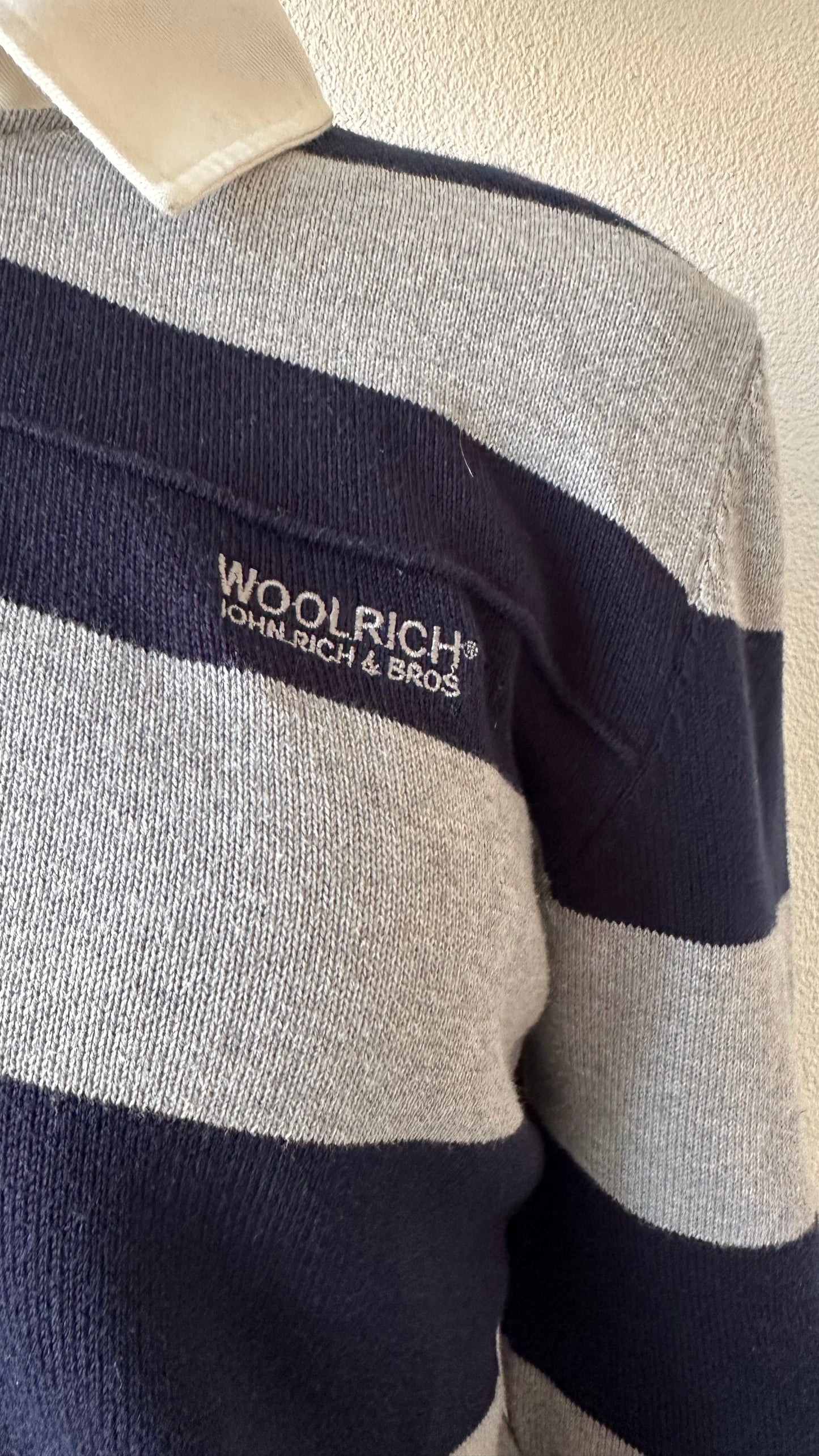 striped grey and blue knitted Woolrich longsleeve polo