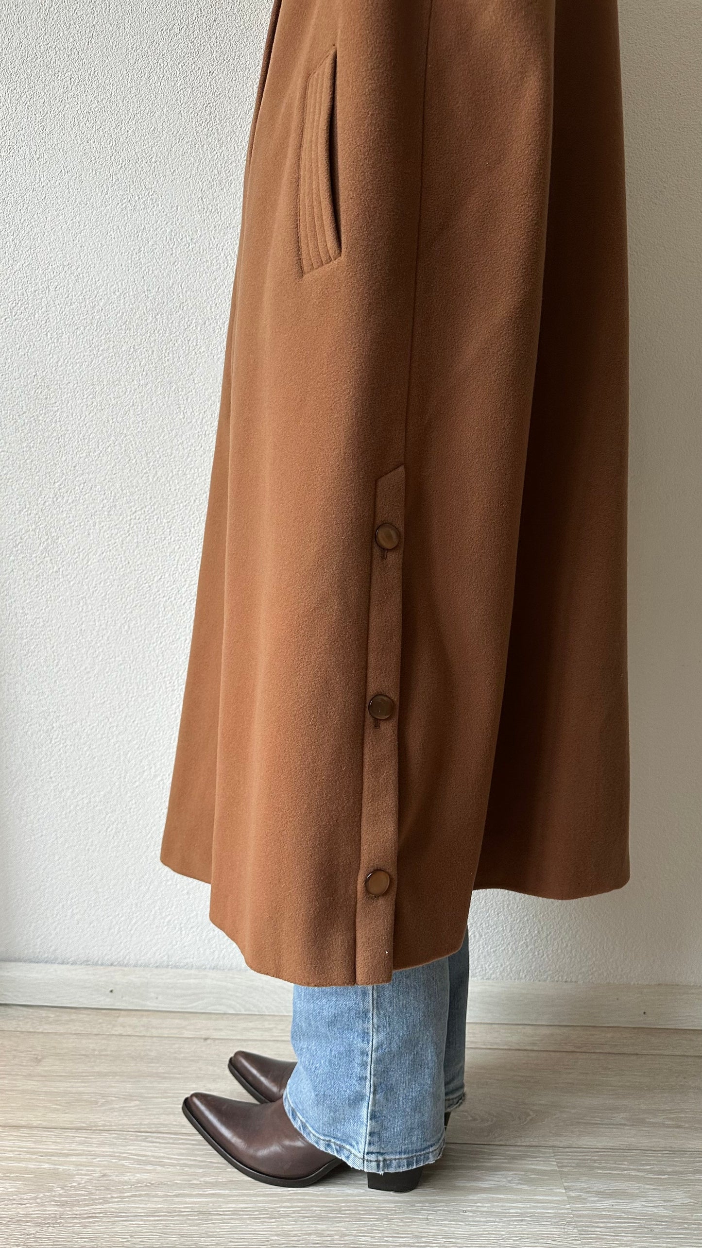 camel brown single breasted wool and cashmere coat