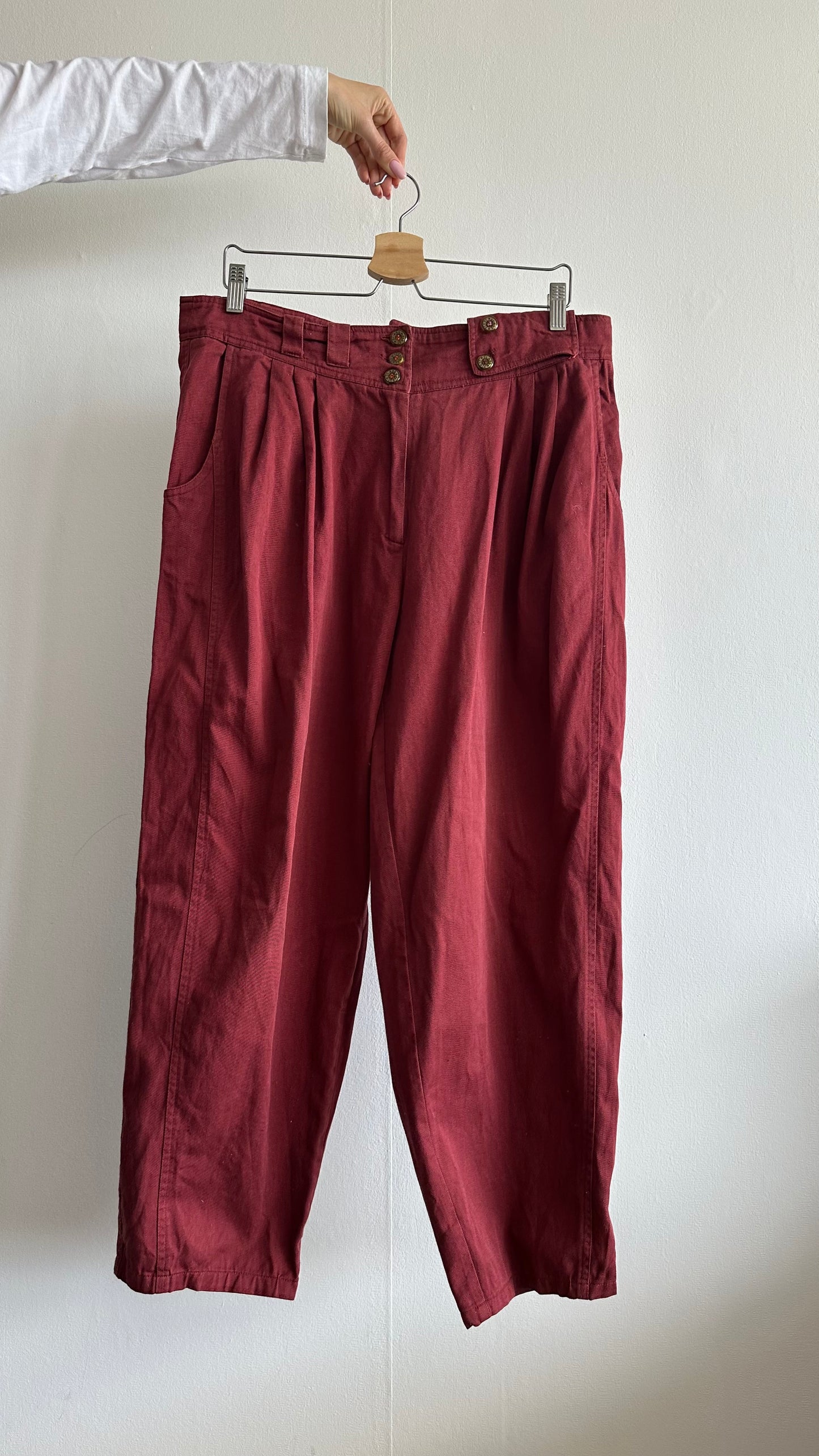 red denim burgundy suit