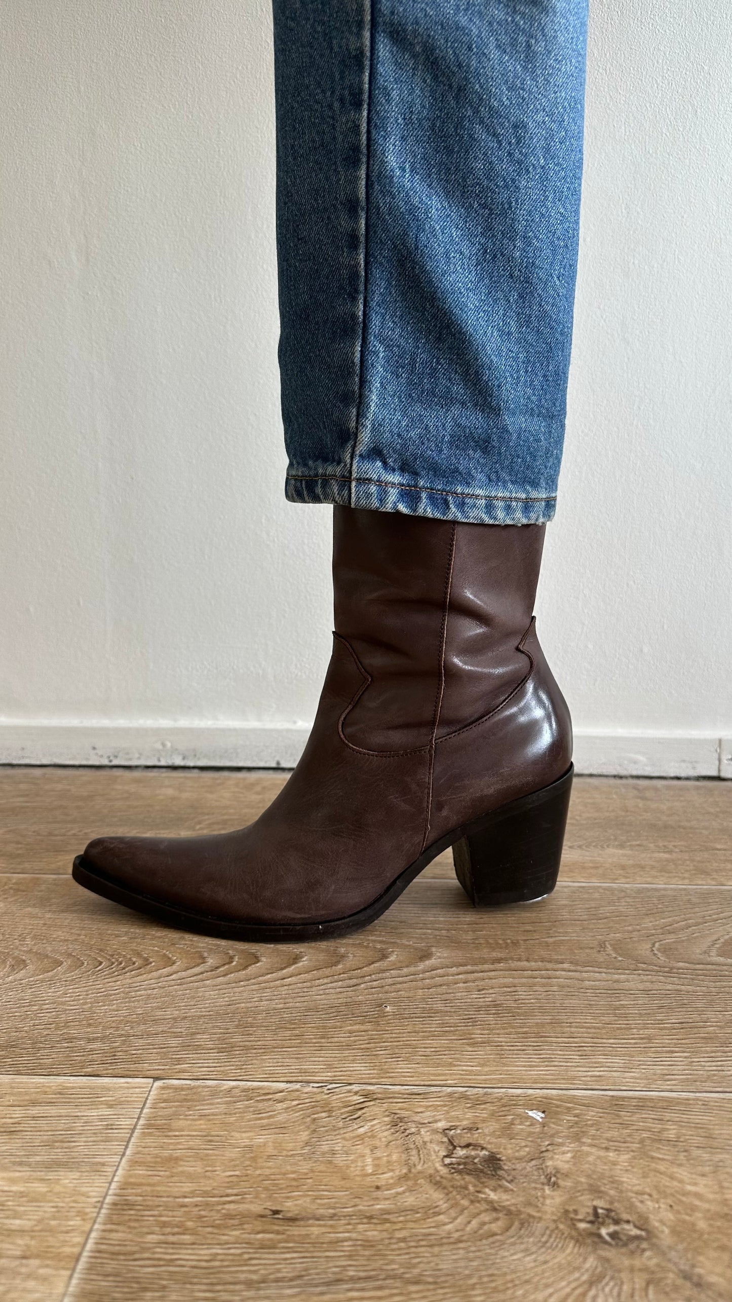 mid century modern walnut leather ankle boots in cowboy style