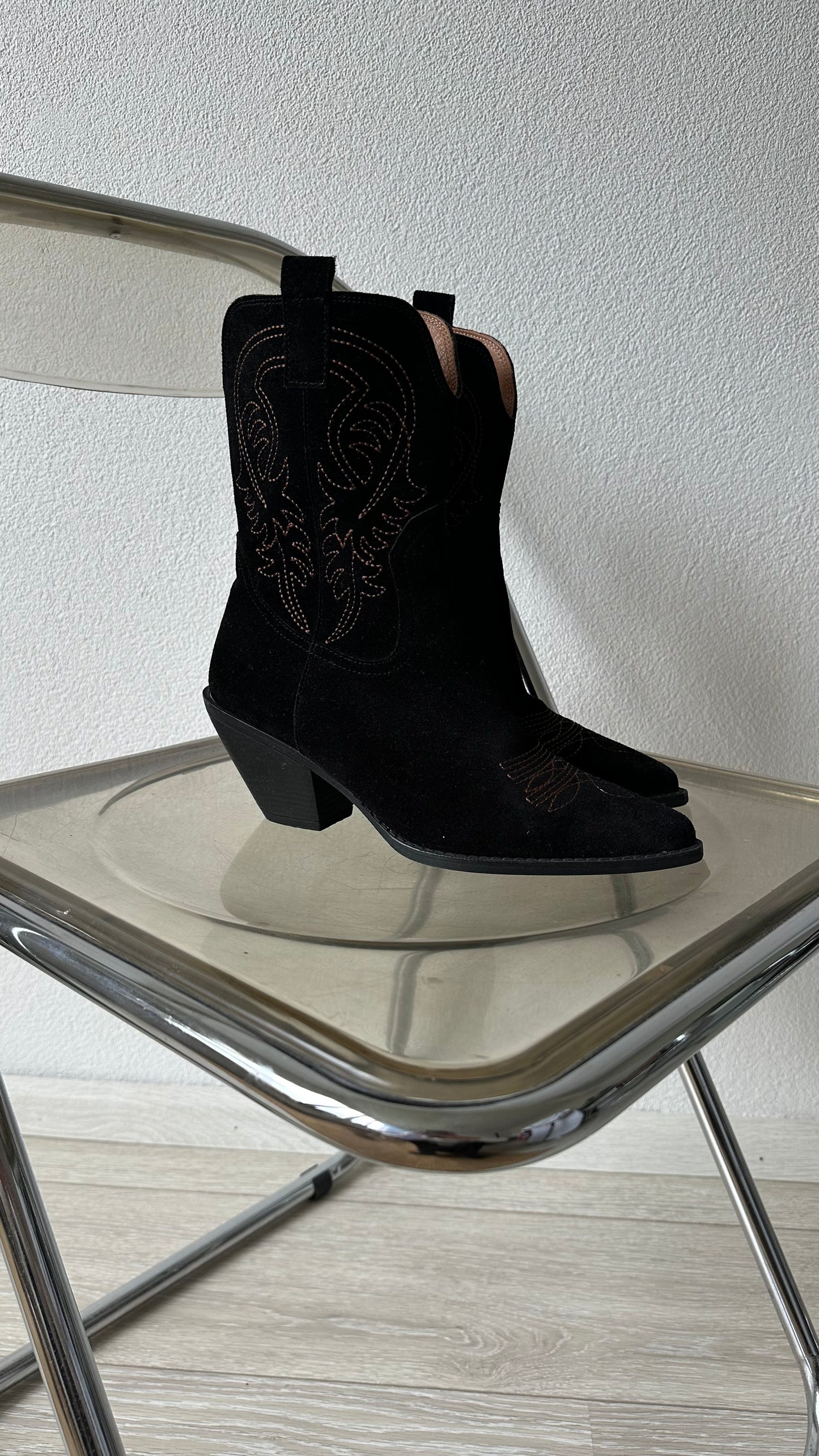 black suede cowboy boots with contrast stitching