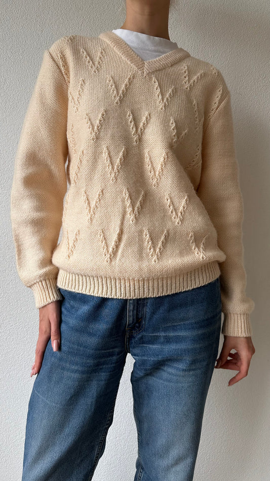 handmade soft pink and beige v-neck wool sweater