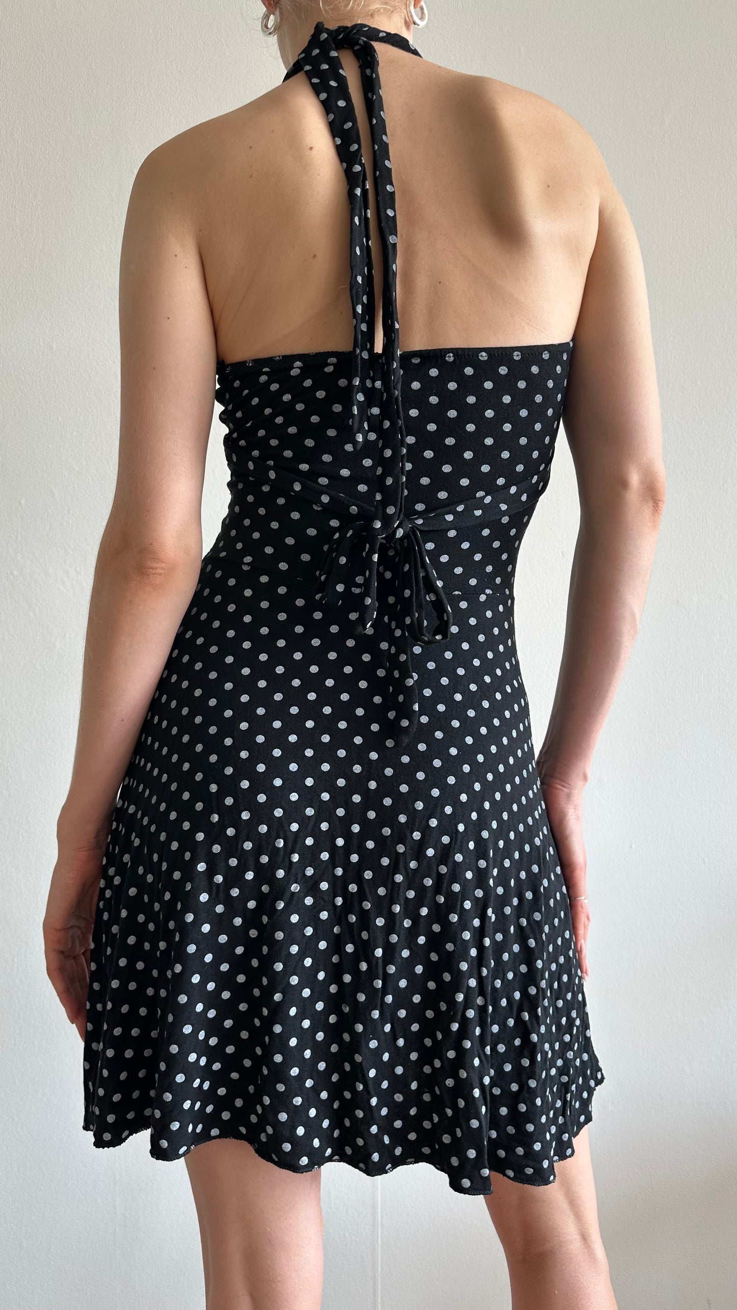 polkadot black halter dress