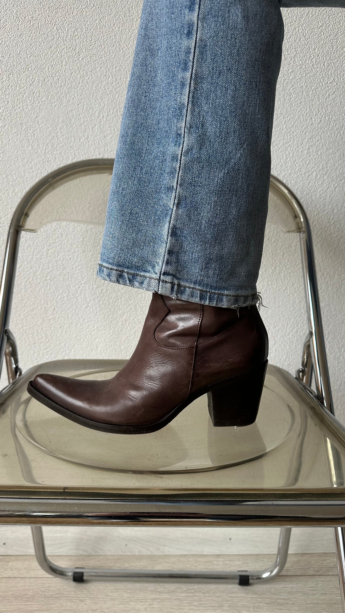 mid century modern walnut leather ankle boots in cowboy style