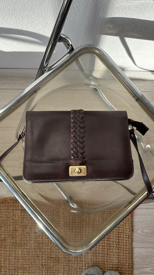 vintage brown leather messenger bag with organiser details and gold twist lock