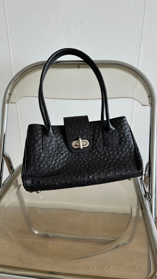 black ostrich leather shoulder bag