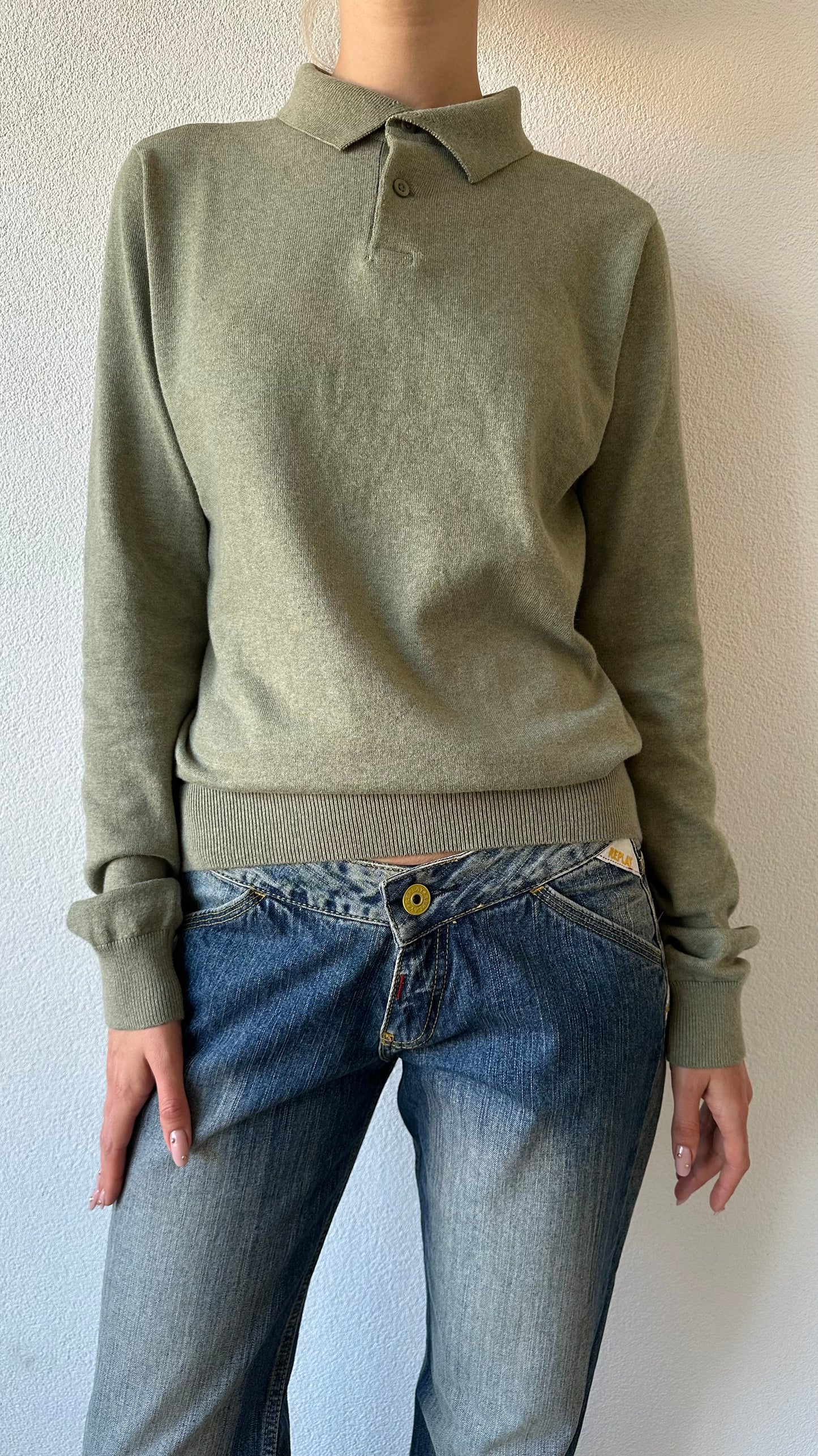 soft green knitted longsleeve cotton polo shirt