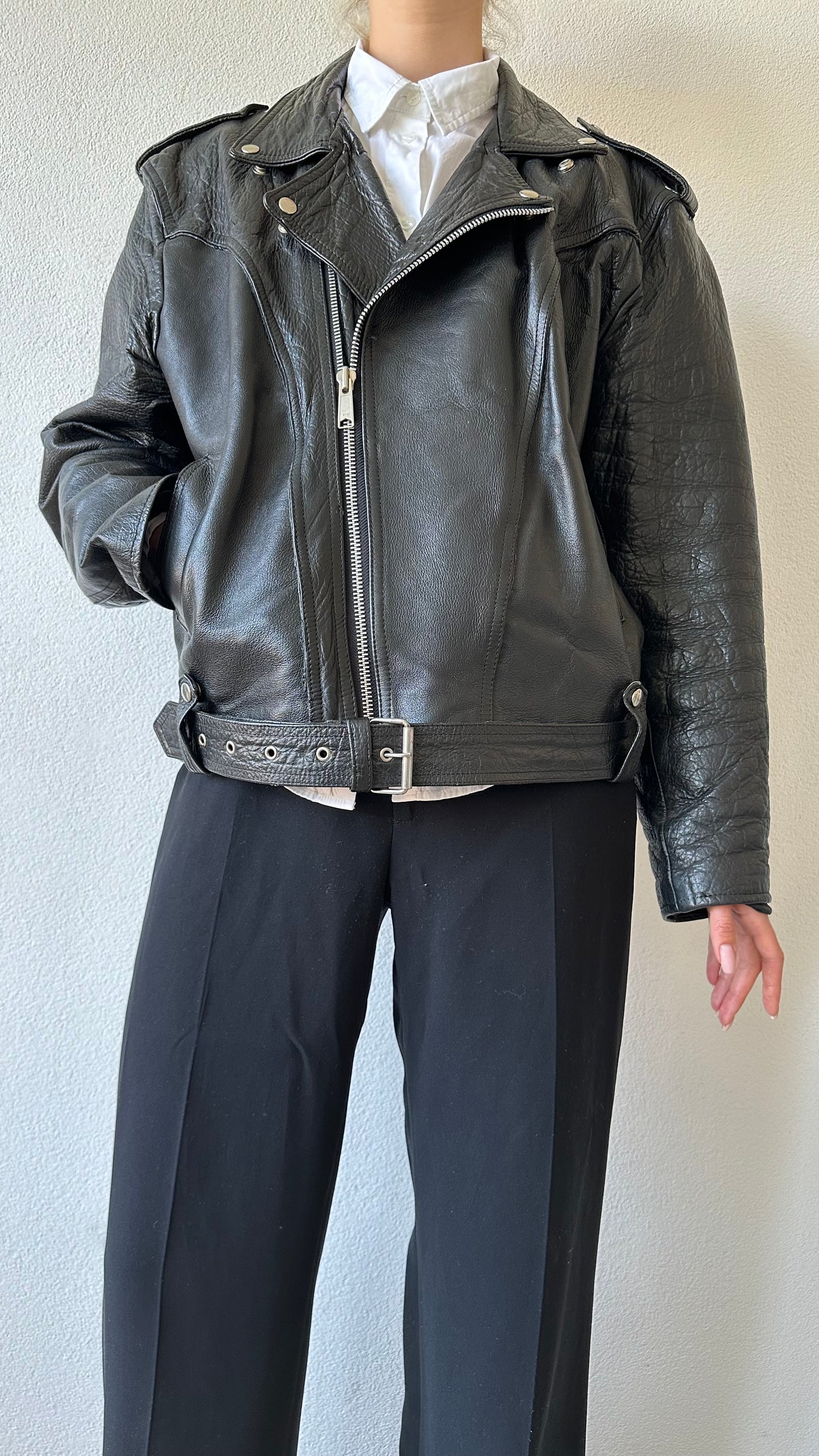 black leather vintage moto jacket