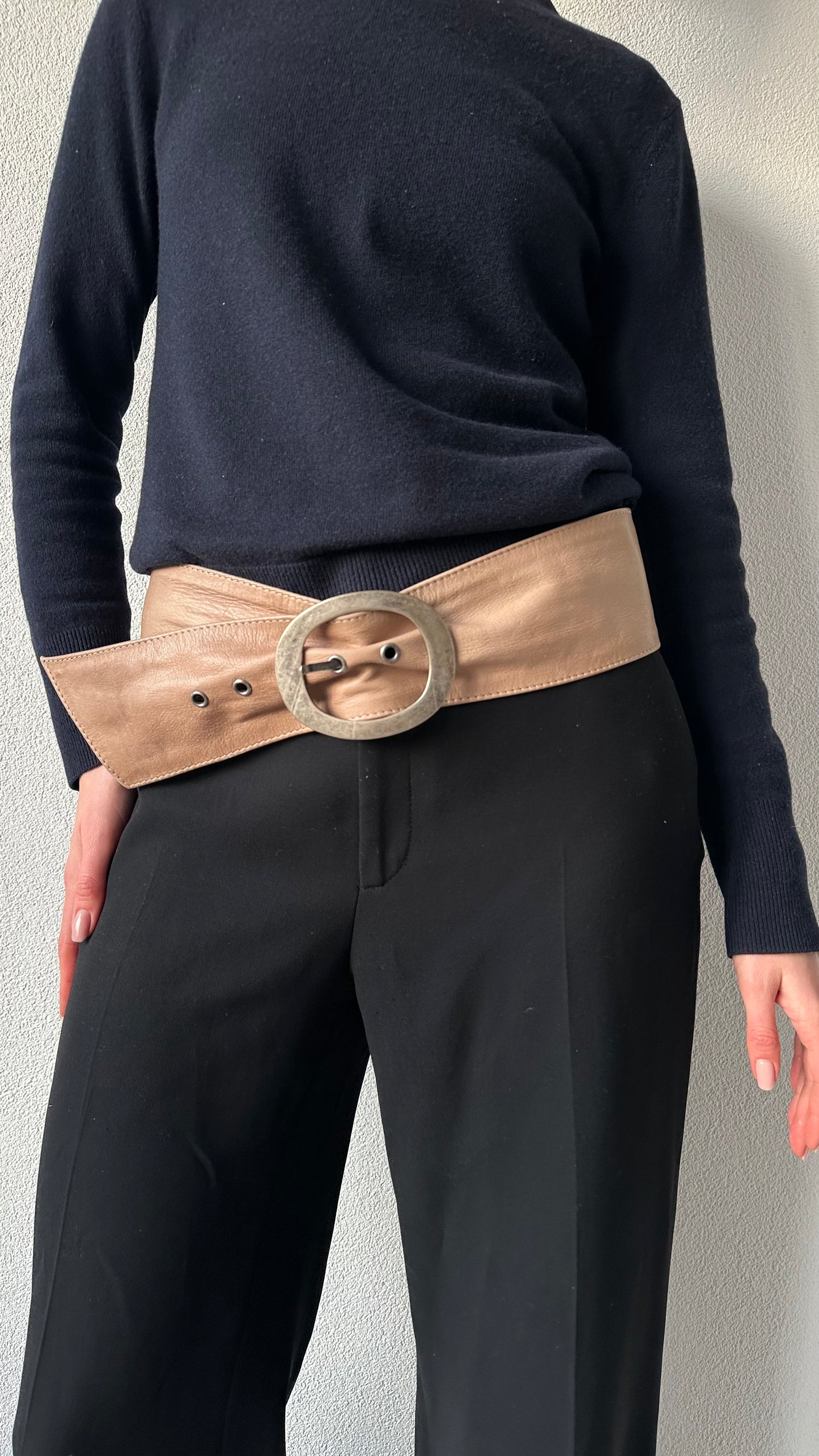 wide vintage leather belt beige