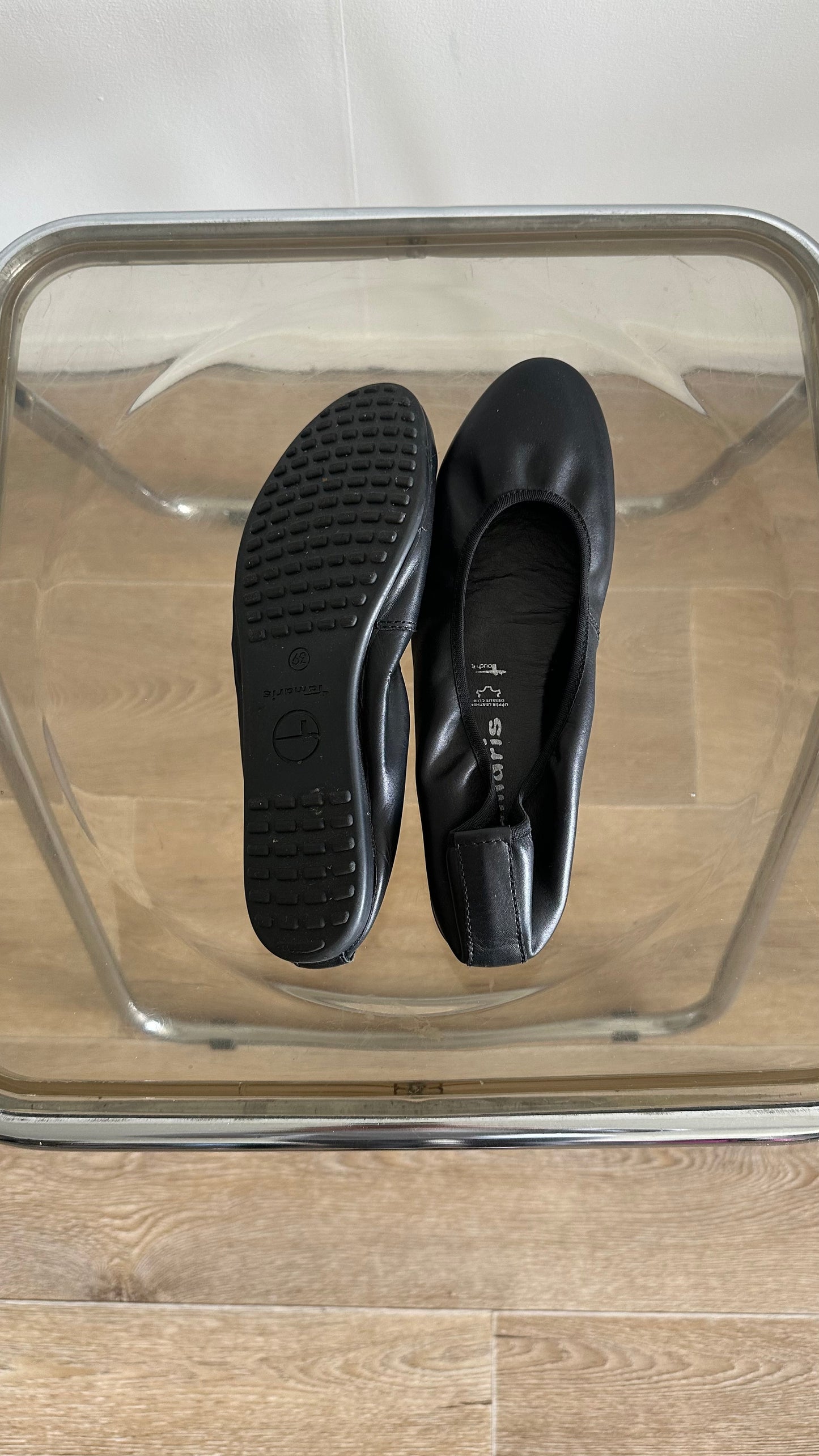 black leather ballet flats