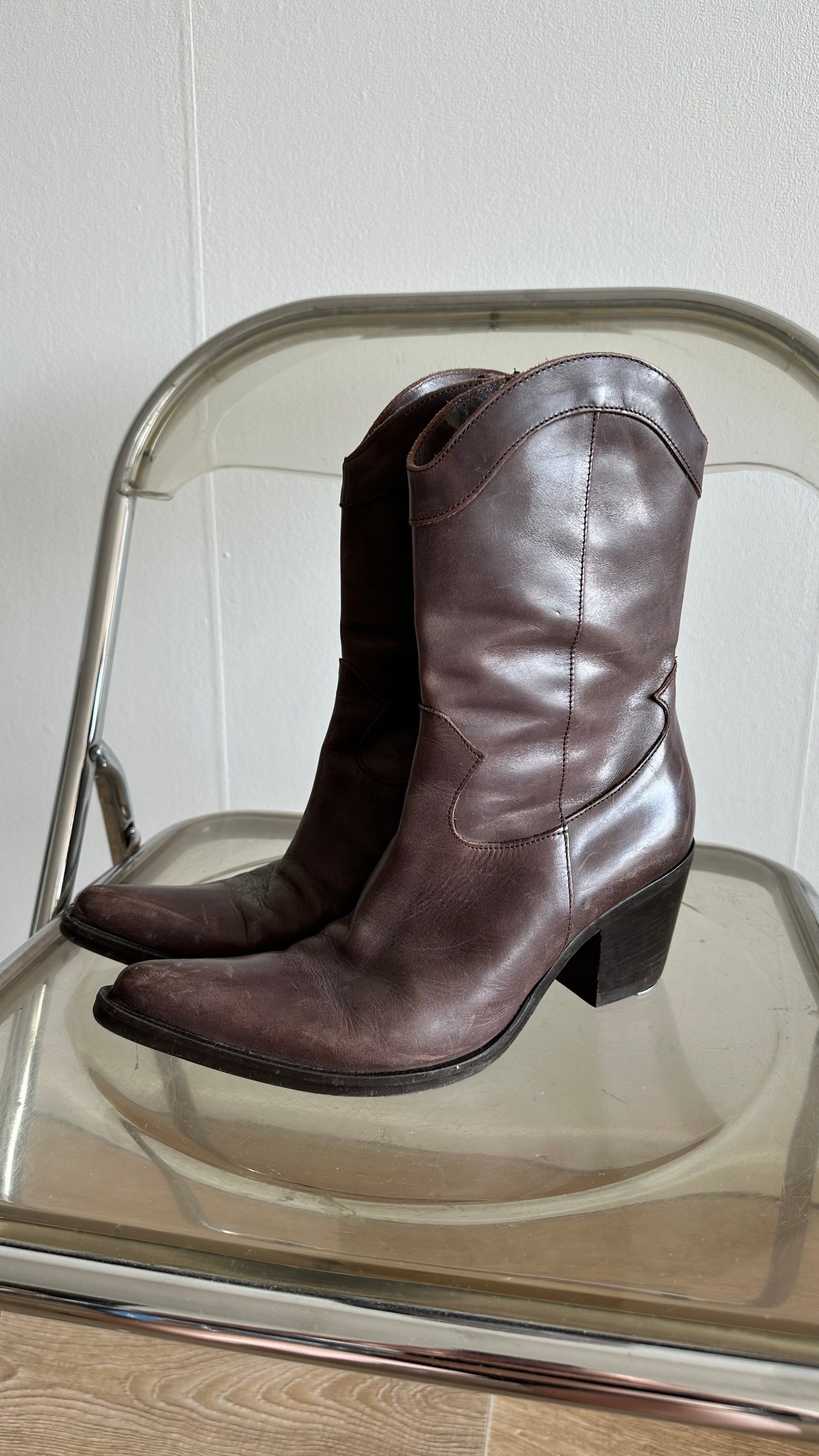 mid century modern walnut leather ankle boots in cowboy style
