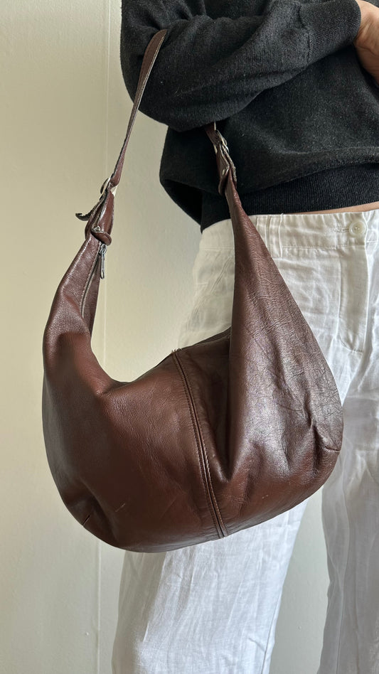 dark brown leather round vintage shoulder bag