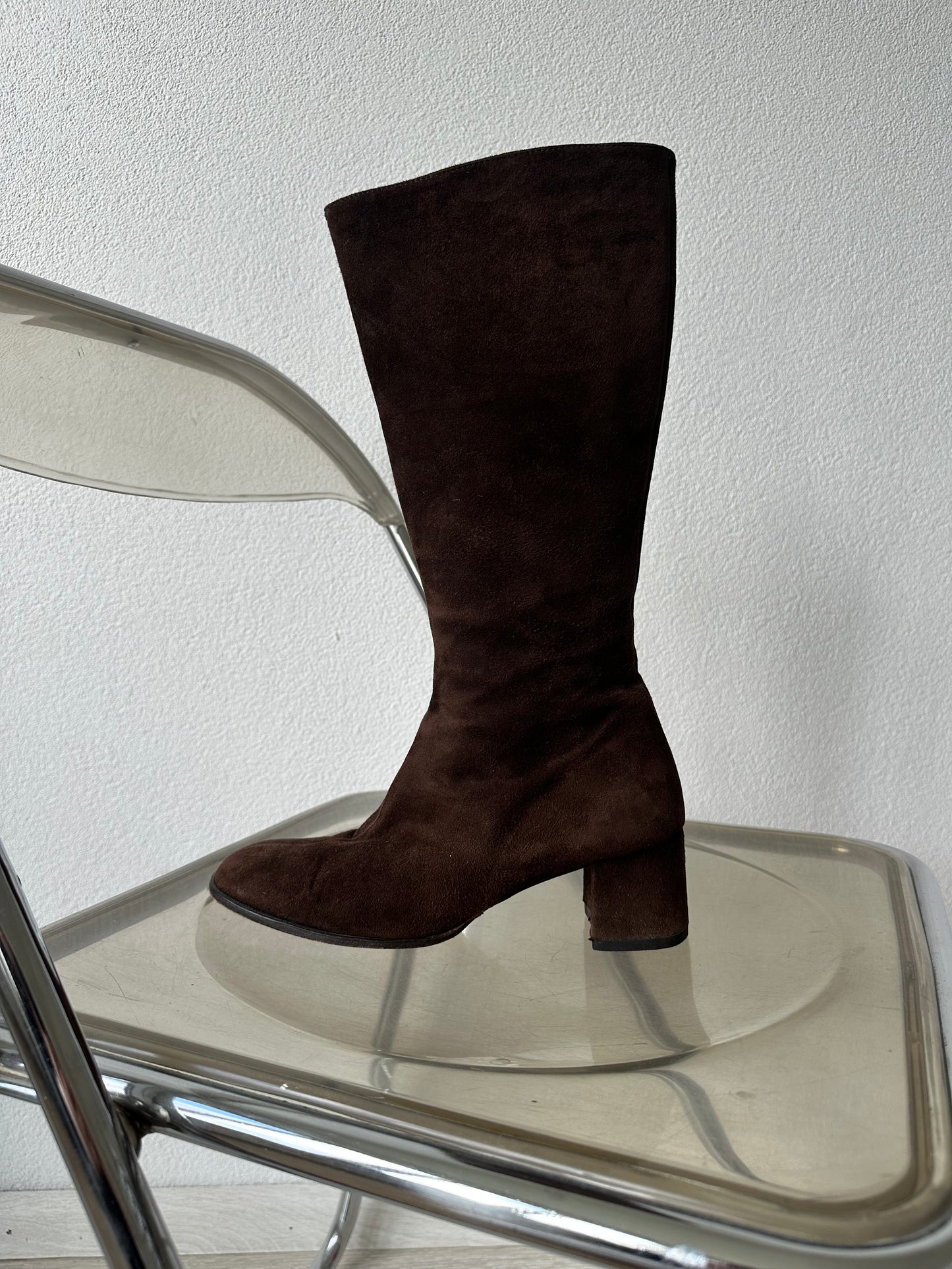 brown suede boots with inside zipper and block heel