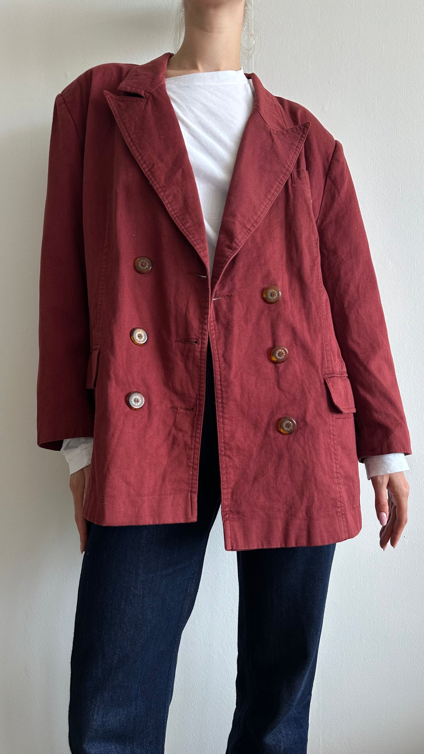 red denim burgundy suit