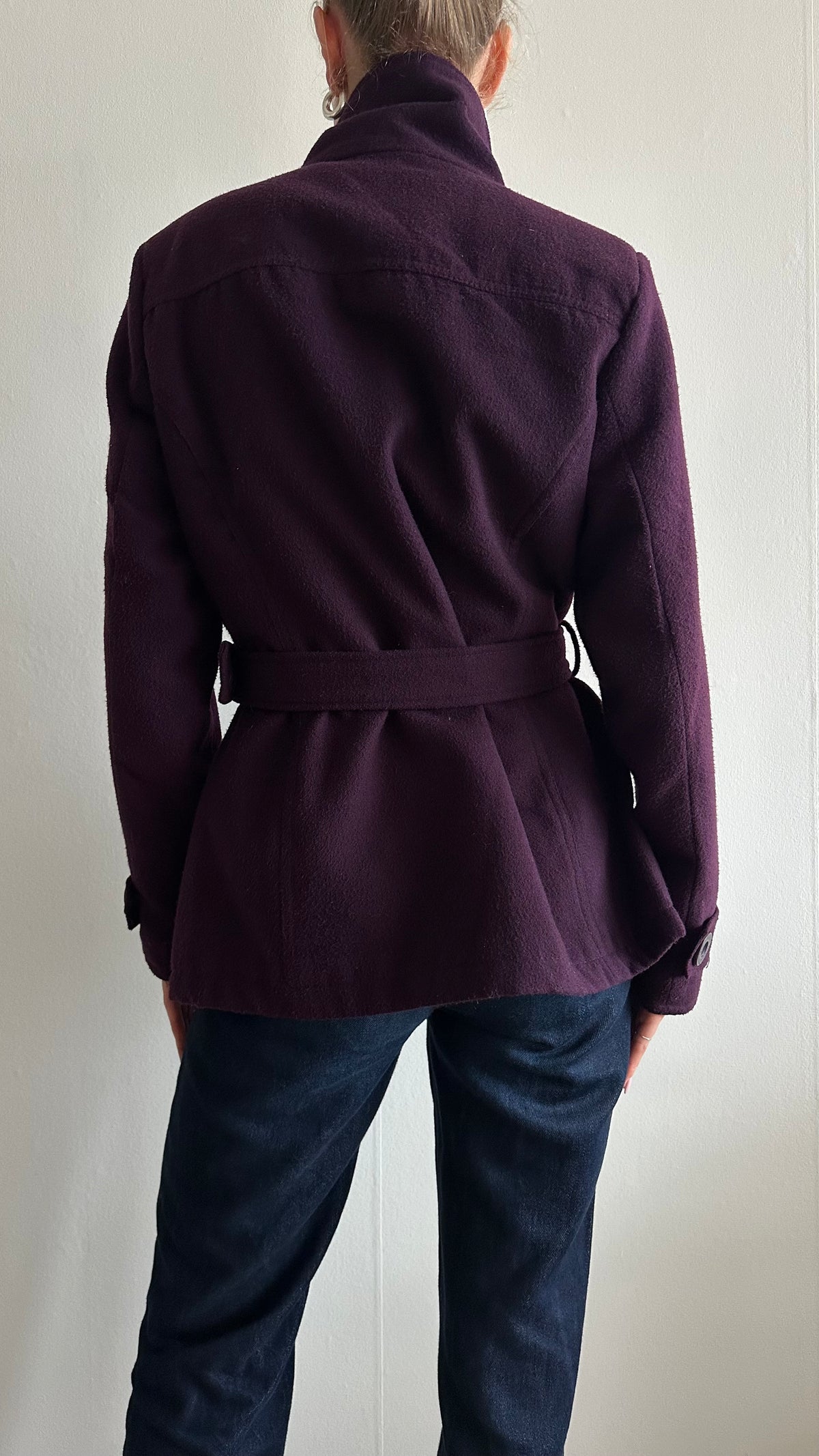 purple funnel neck coat