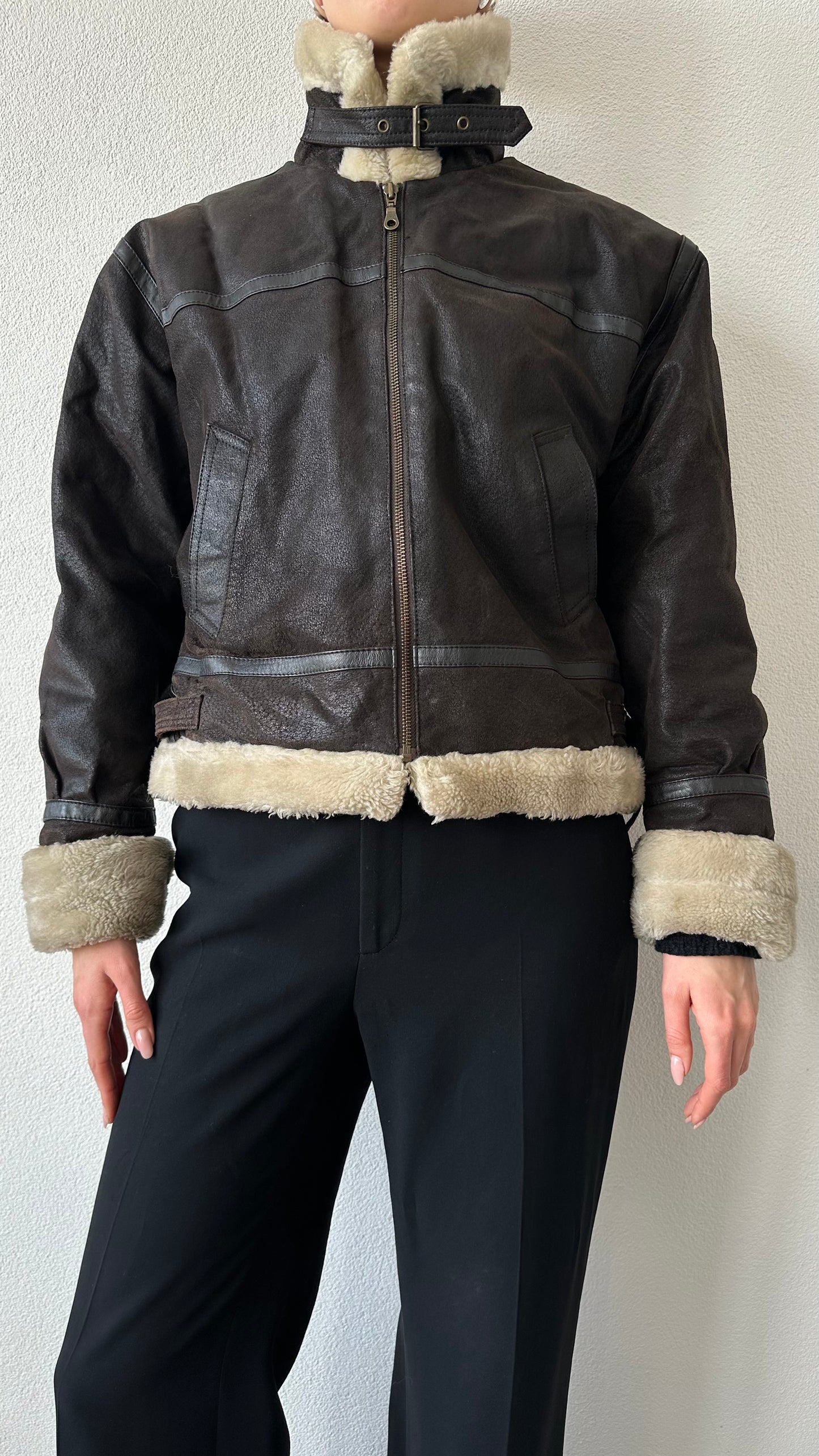 brown leather aviator lammy jacket