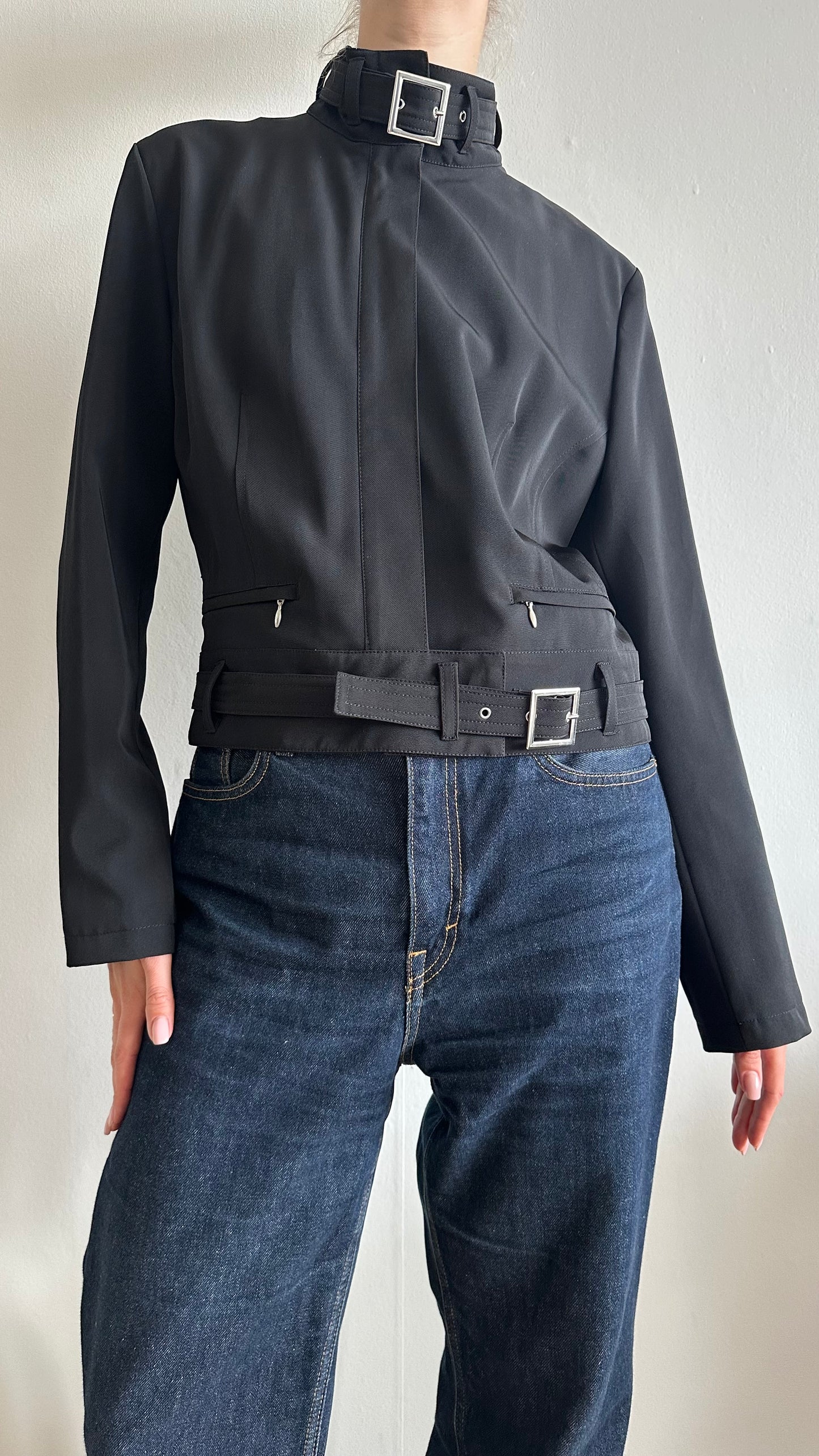 y2k black WE woman funnel belt jacket