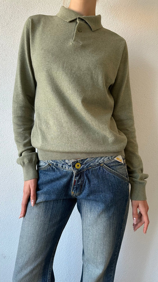 soft green knitted longsleeve cotton polo shirt