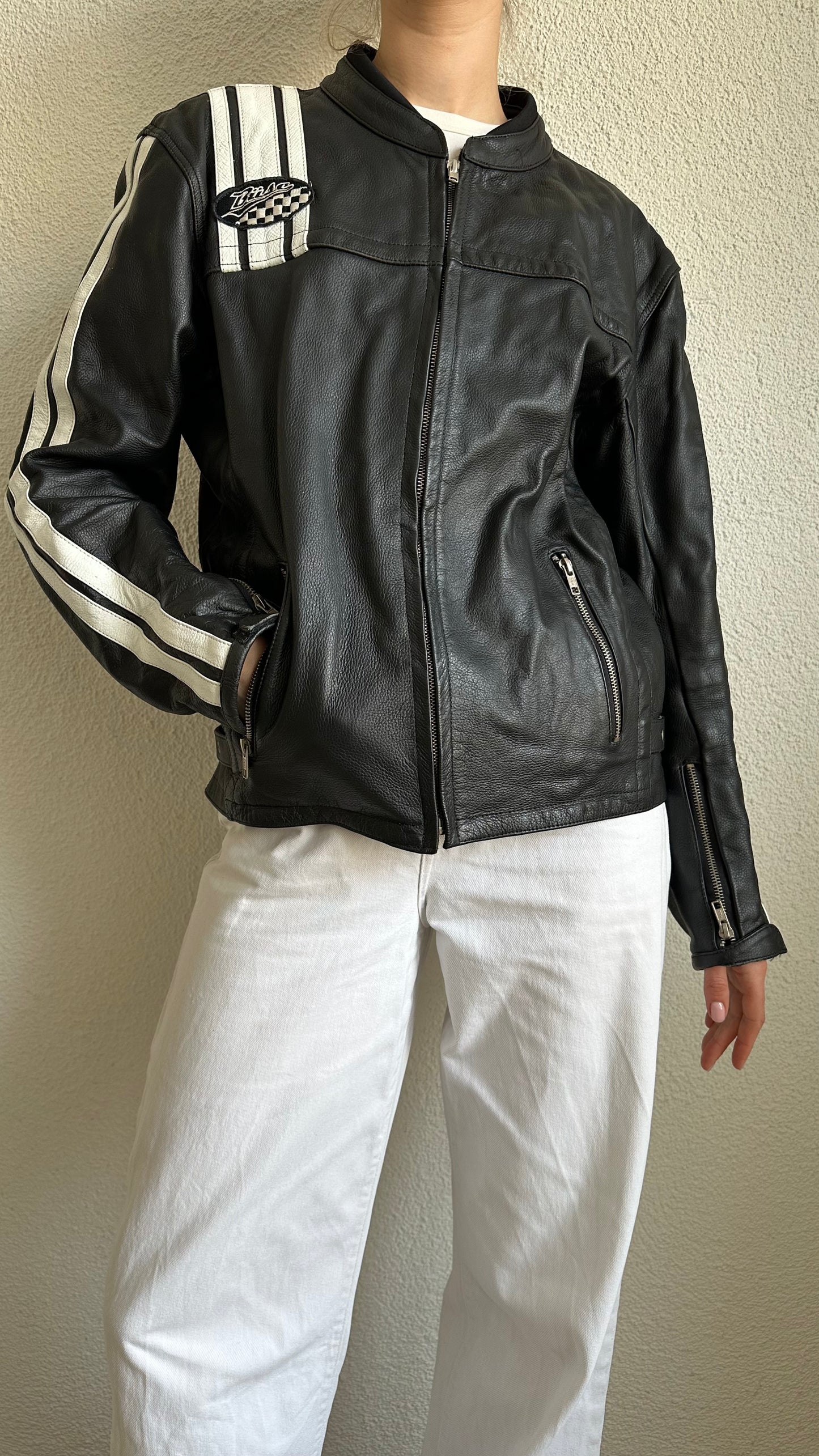 leather black and white race jacket