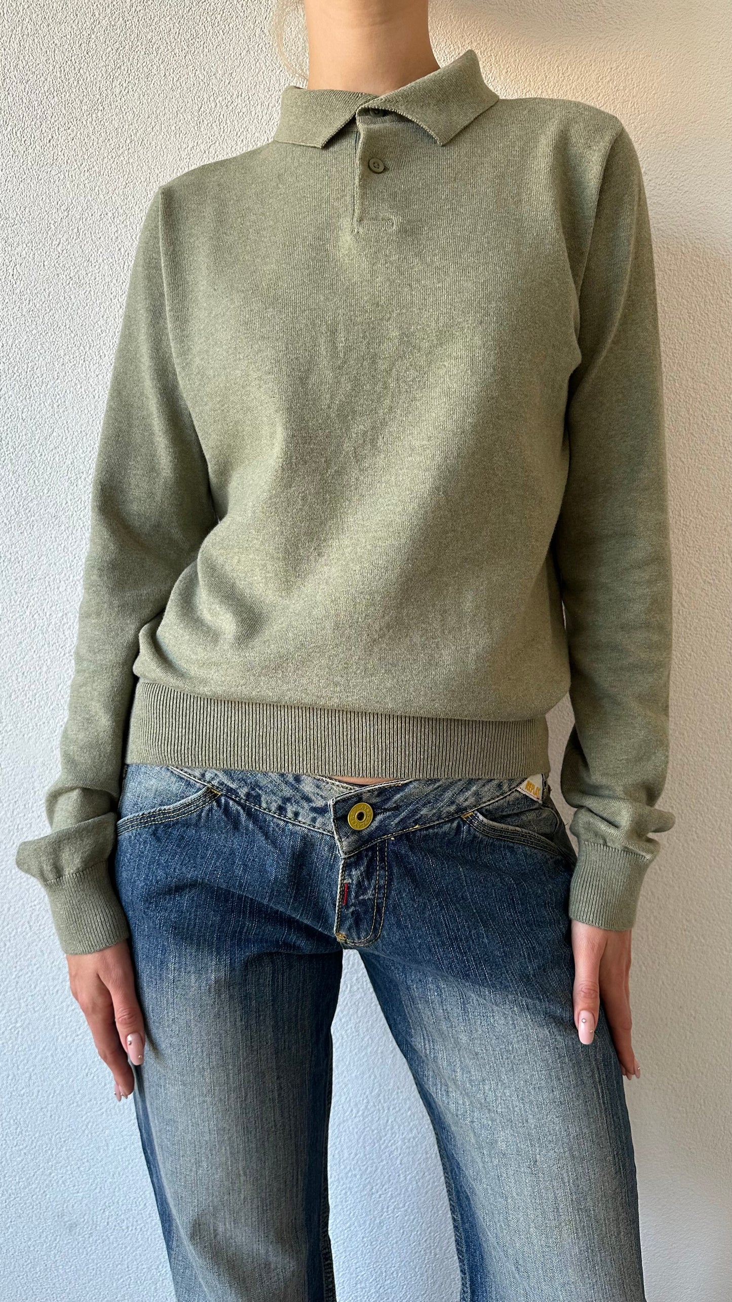 soft green knitted longsleeve cotton polo shirt