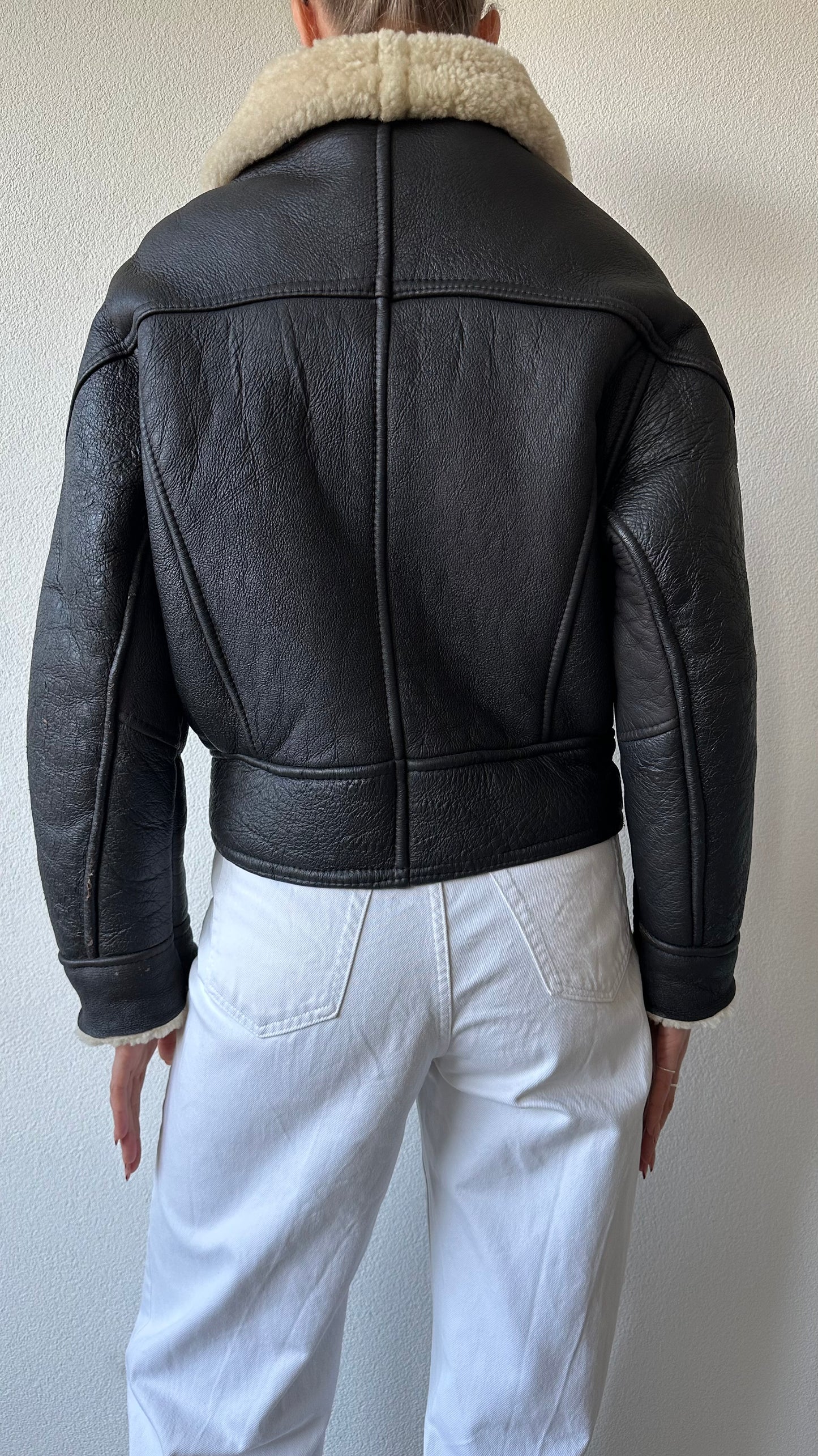 black shearling lammy coat with beige lammy lining