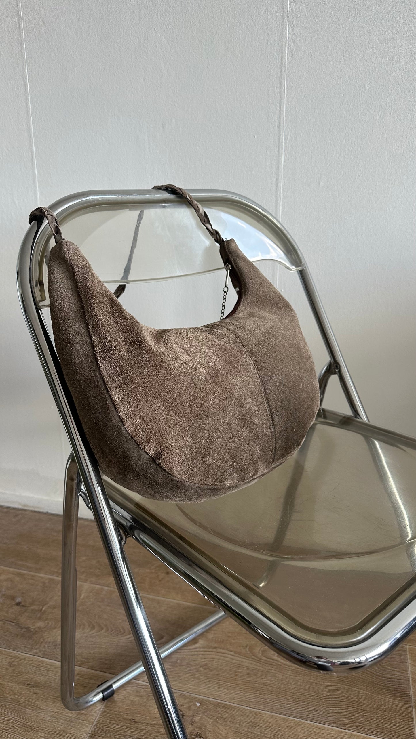 suede brown half moon bag silver rounds