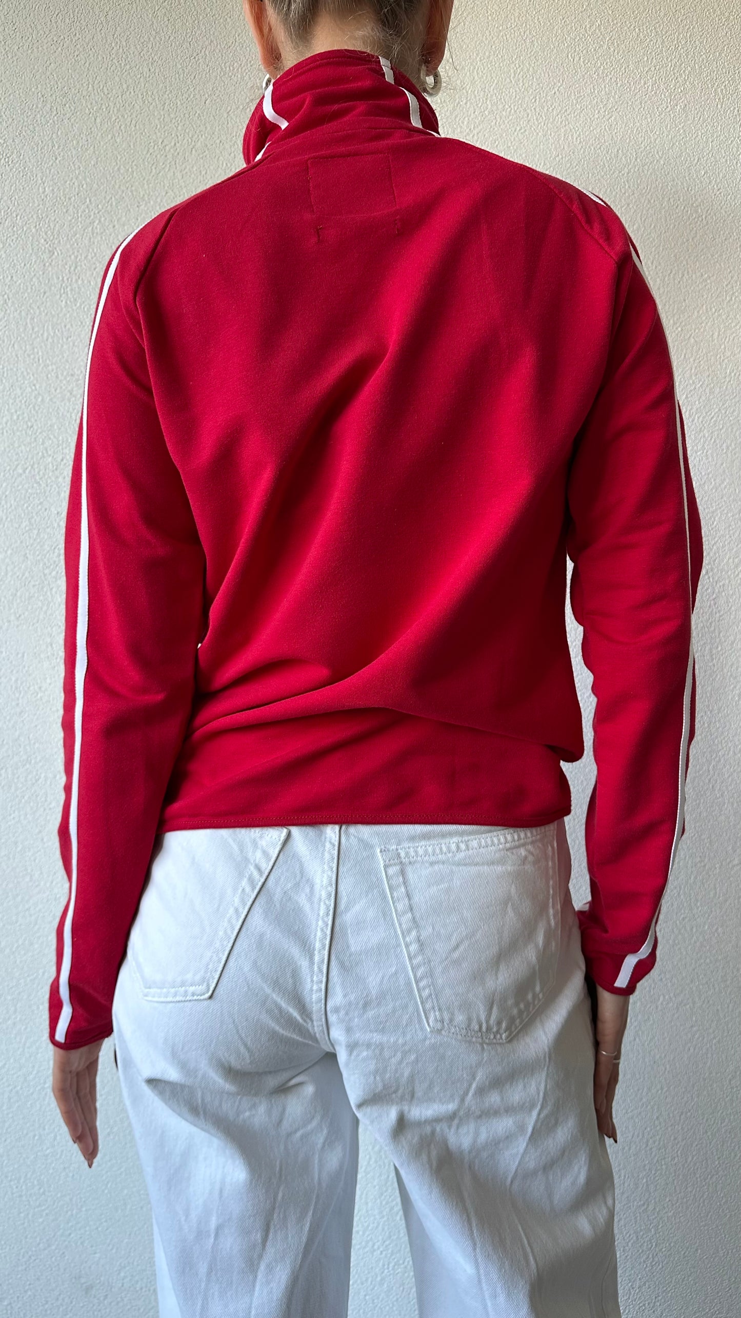 red Falcon zip up skirt and sweater with white lines