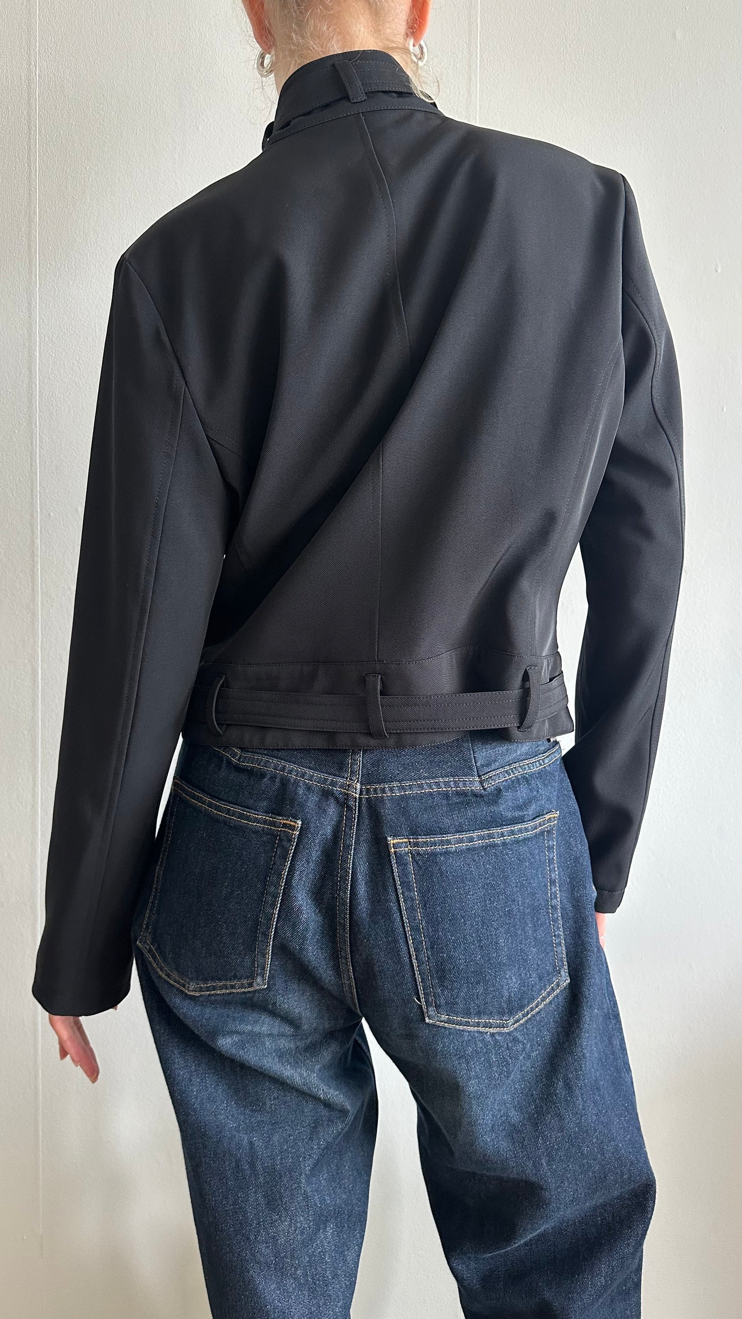 y2k black WE woman funnel belt jacket