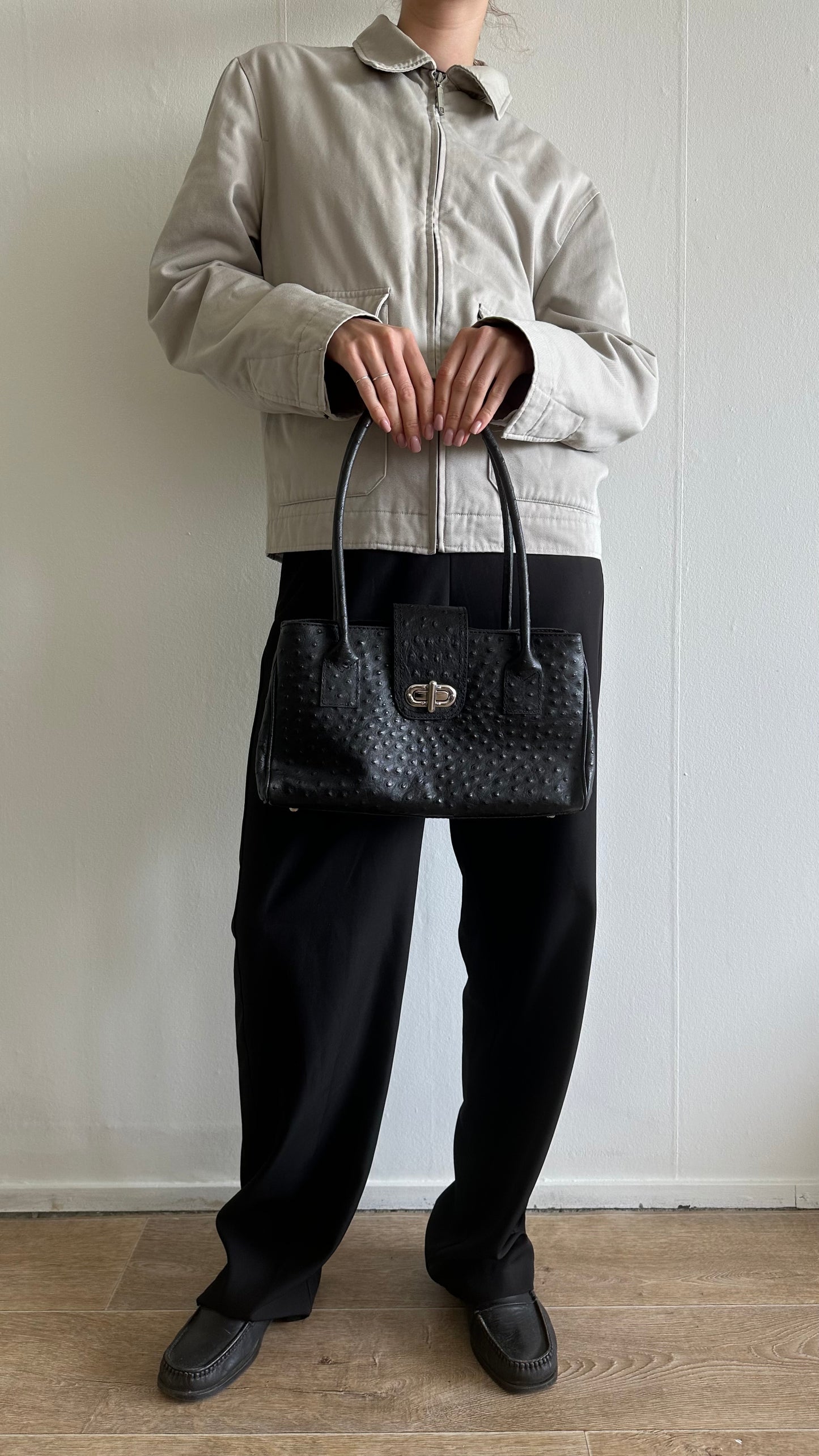 black ostrich leather shoulder bag
