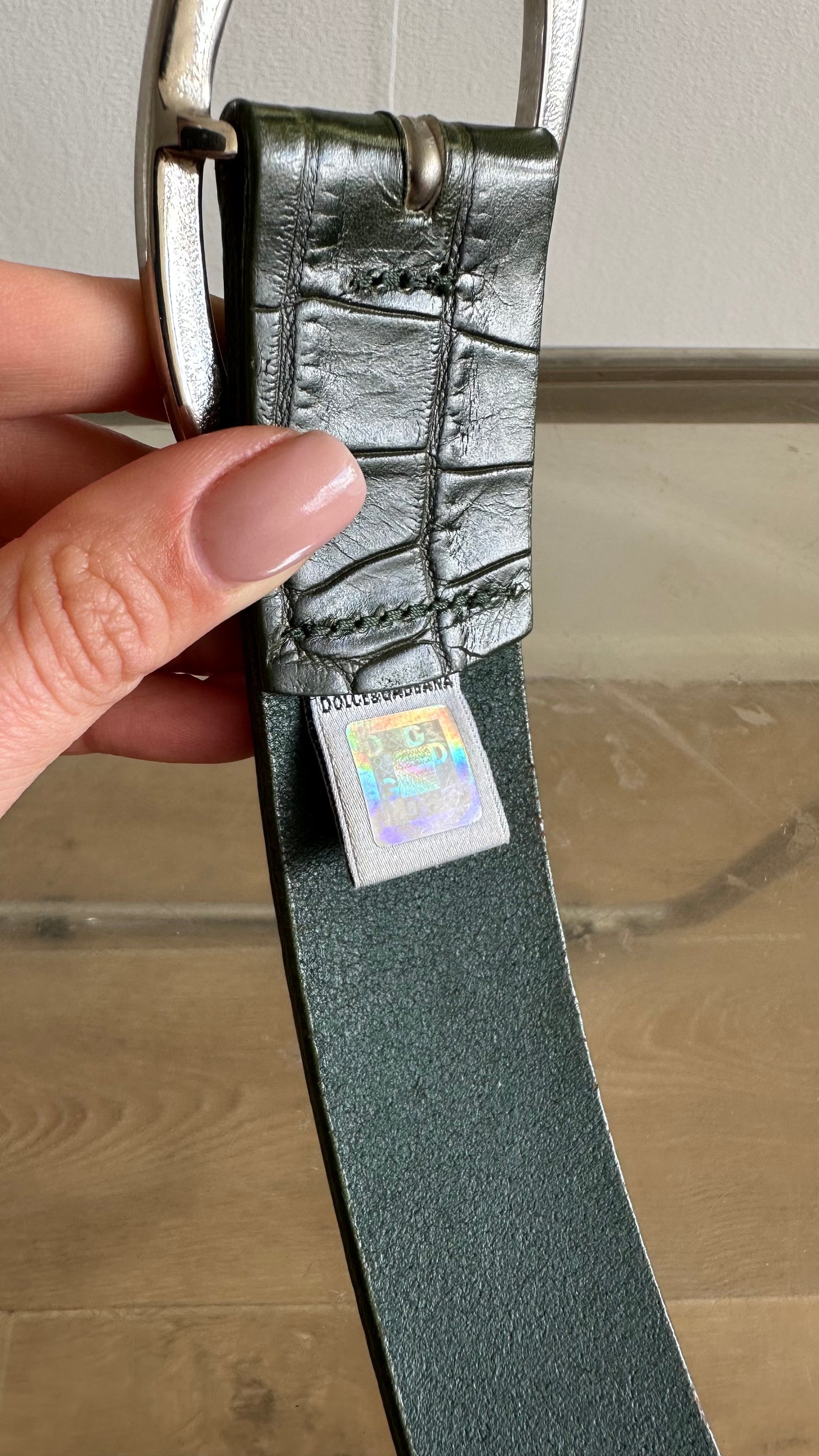 vintage green croco print D&G belt with silver buckle