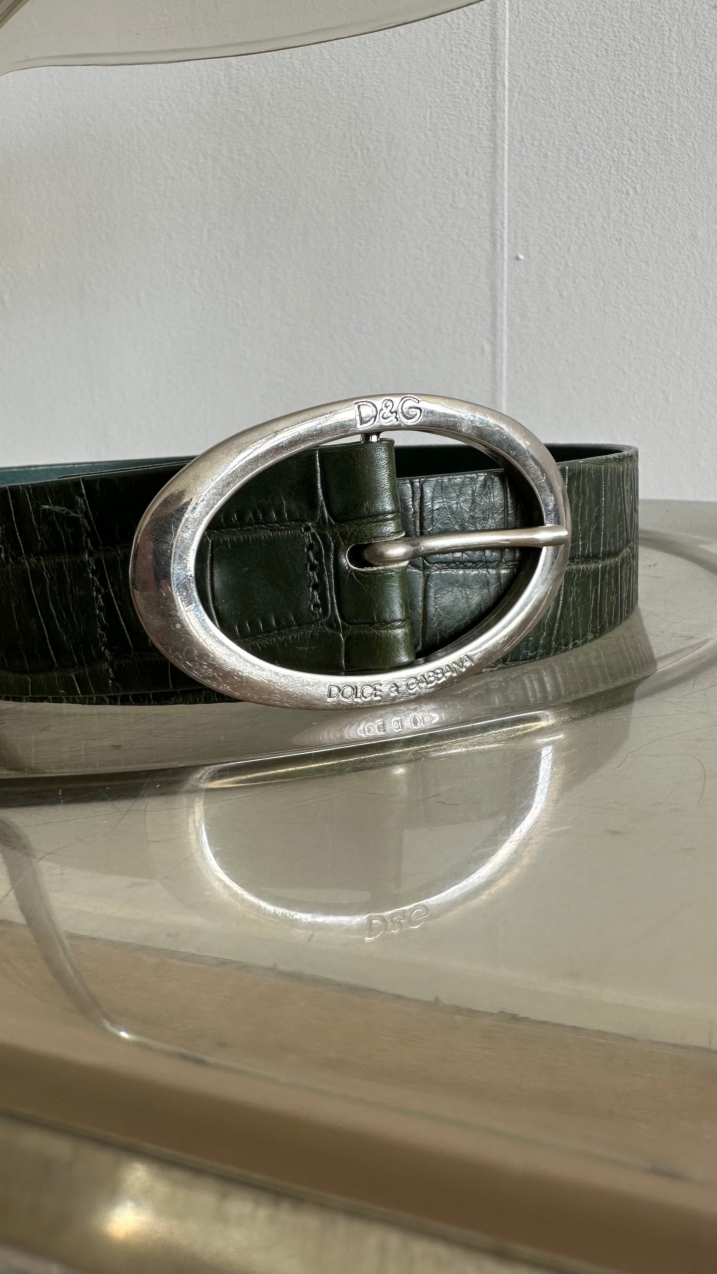 vintage green croco print D&G belt with silver buckle