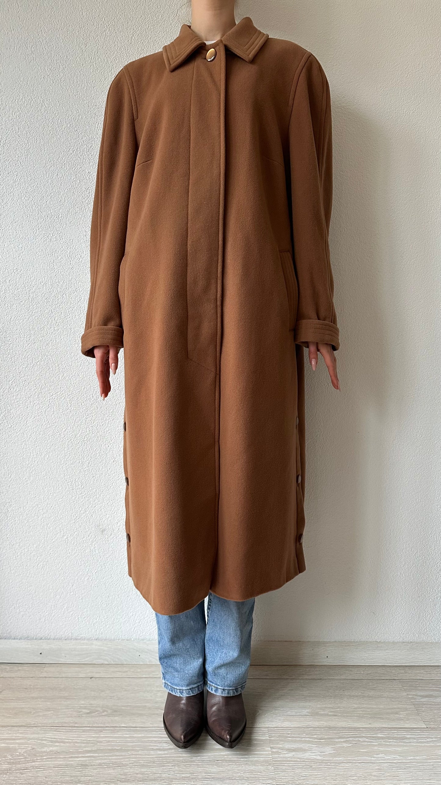 camel brown single breasted wool and cashmere coat