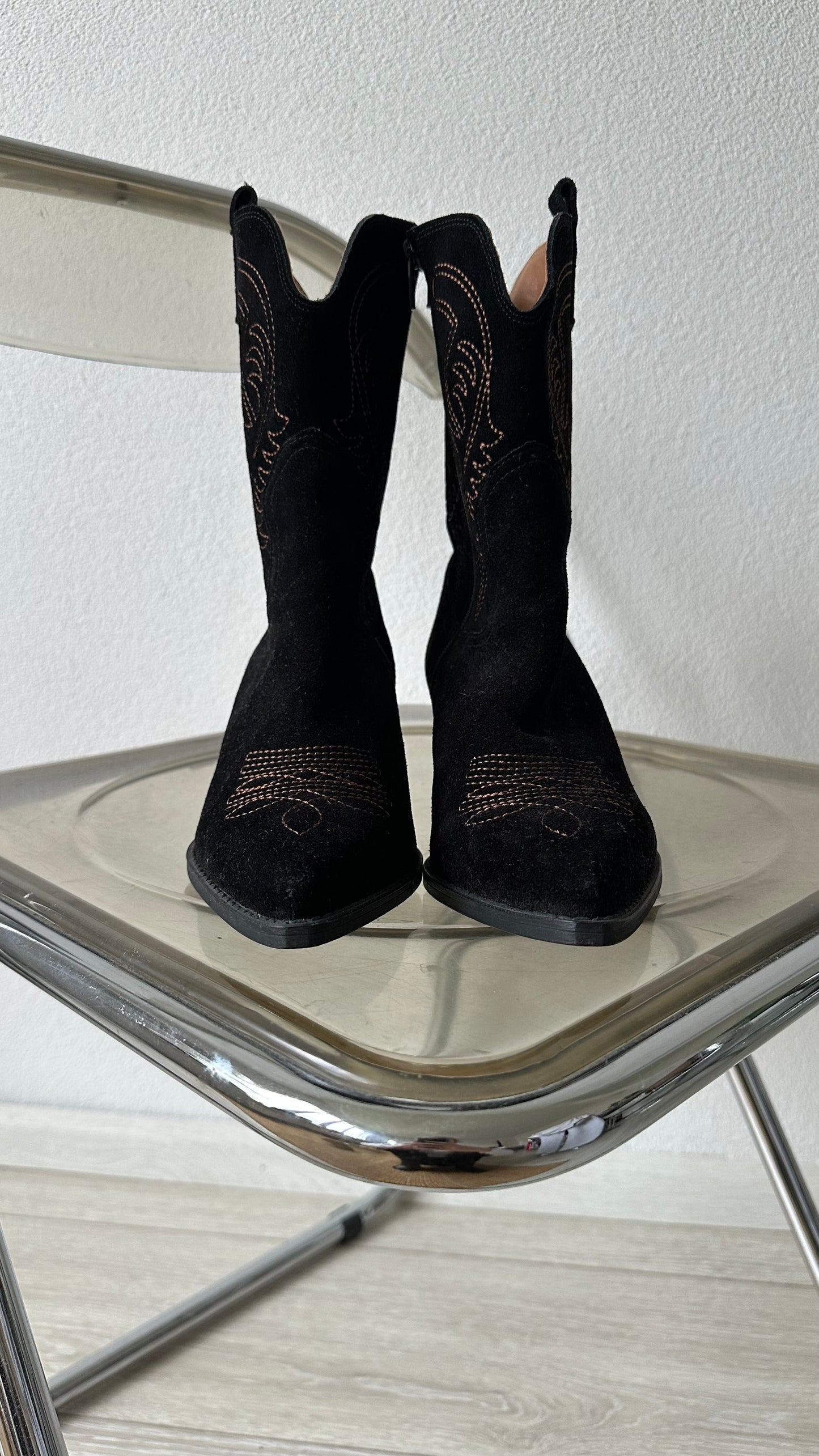 black suede cowboy boots with contrast stitching