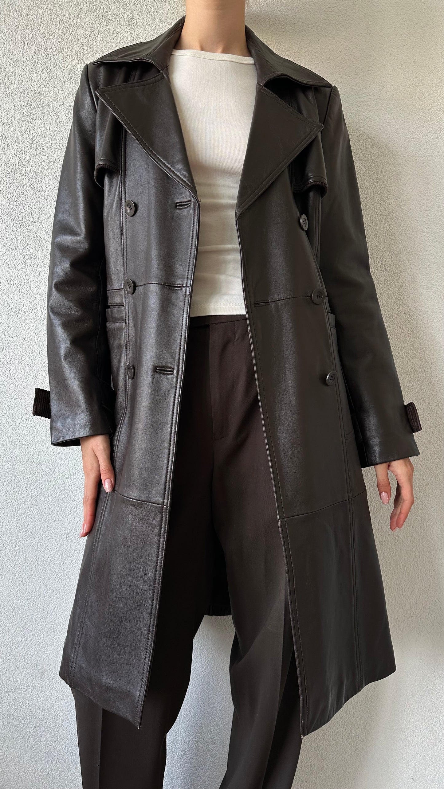 vintage brown leather midi trenchcoat