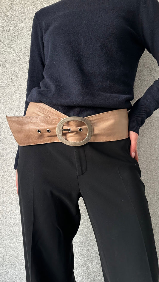 wide vintage leather belt beige