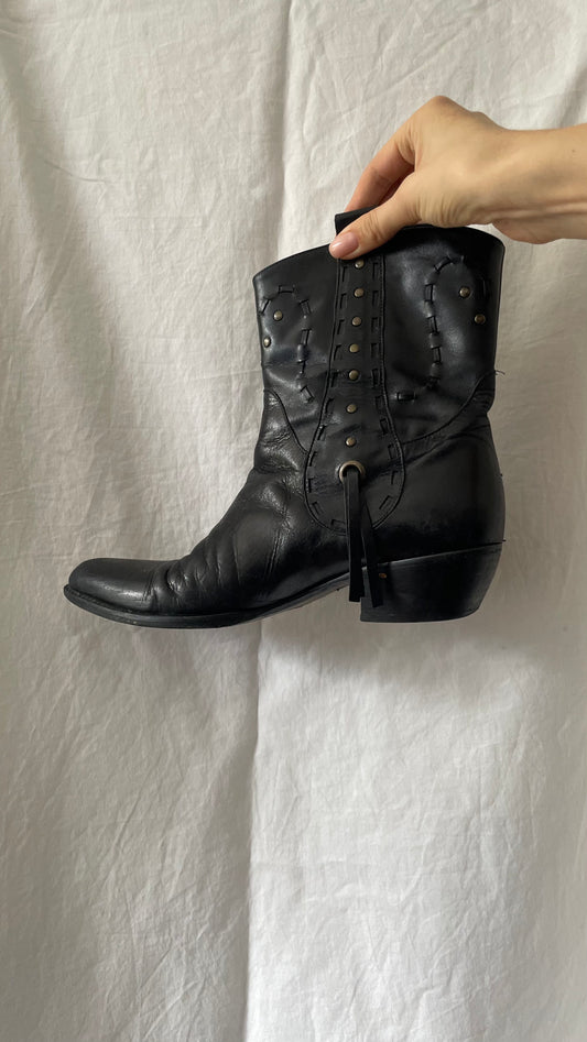 vintage black short leather cowboy boots