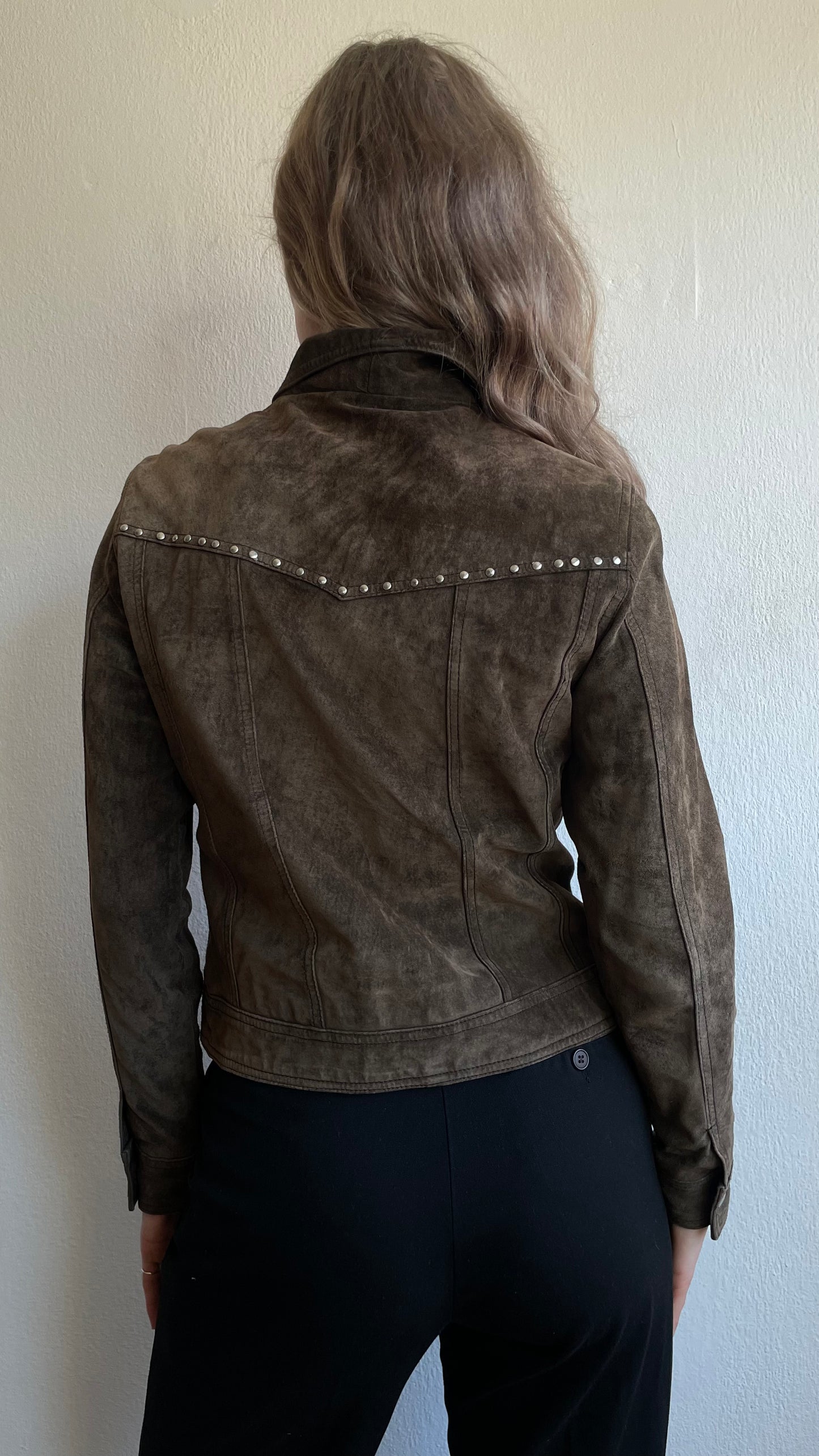 real suede leather studded jacket brown/green