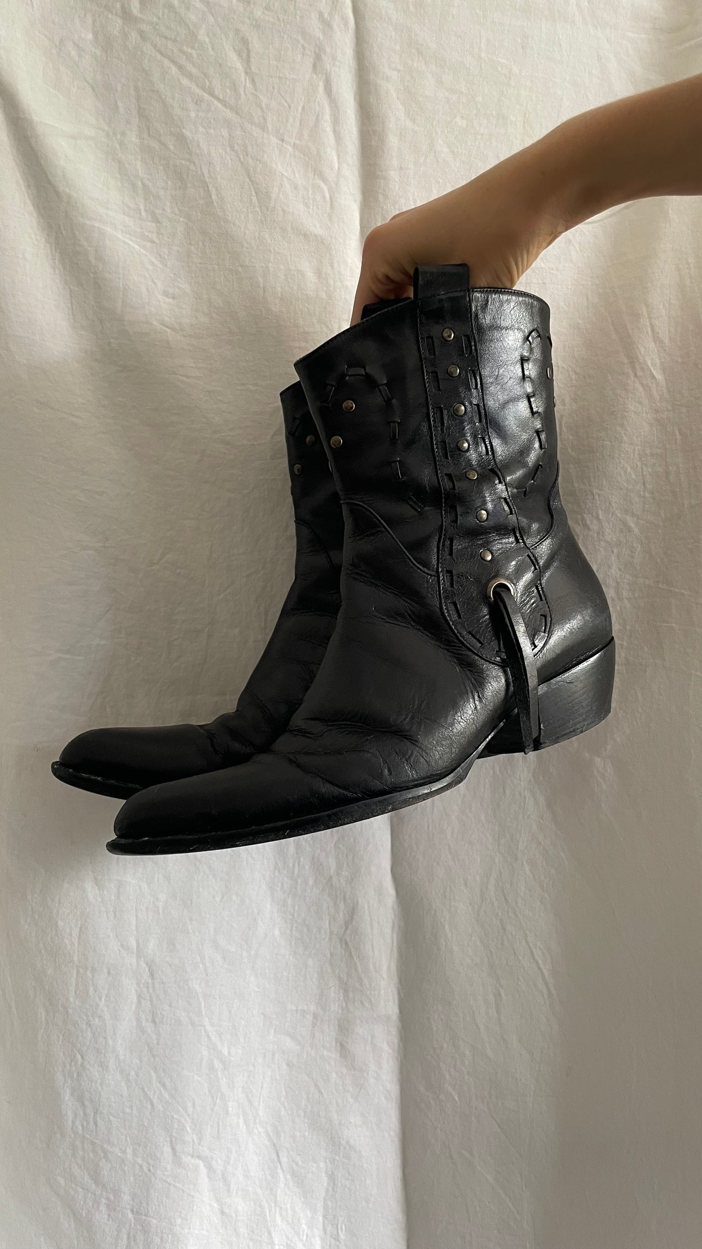 vintage black short leather cowboy boots