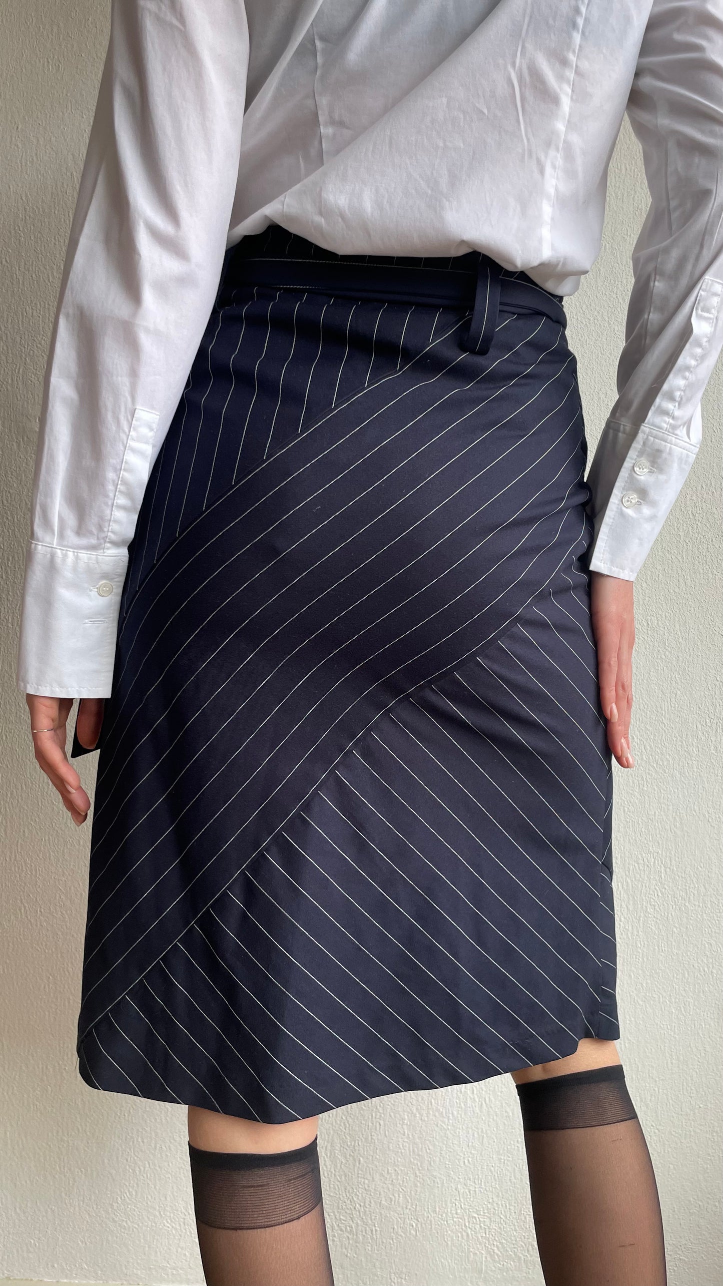 pinstriped blue asymmetrical wrap skirt