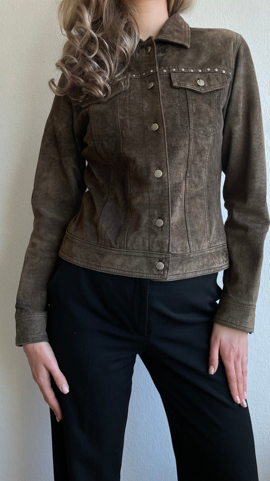 real suede leather studded jacket brown/green