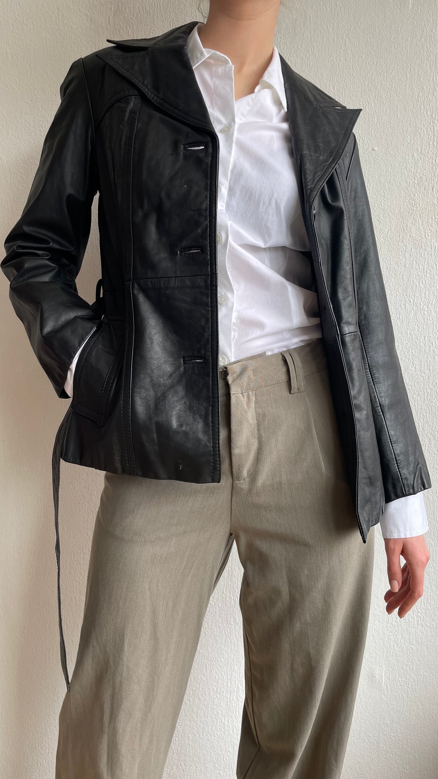 black leather jacket with belt