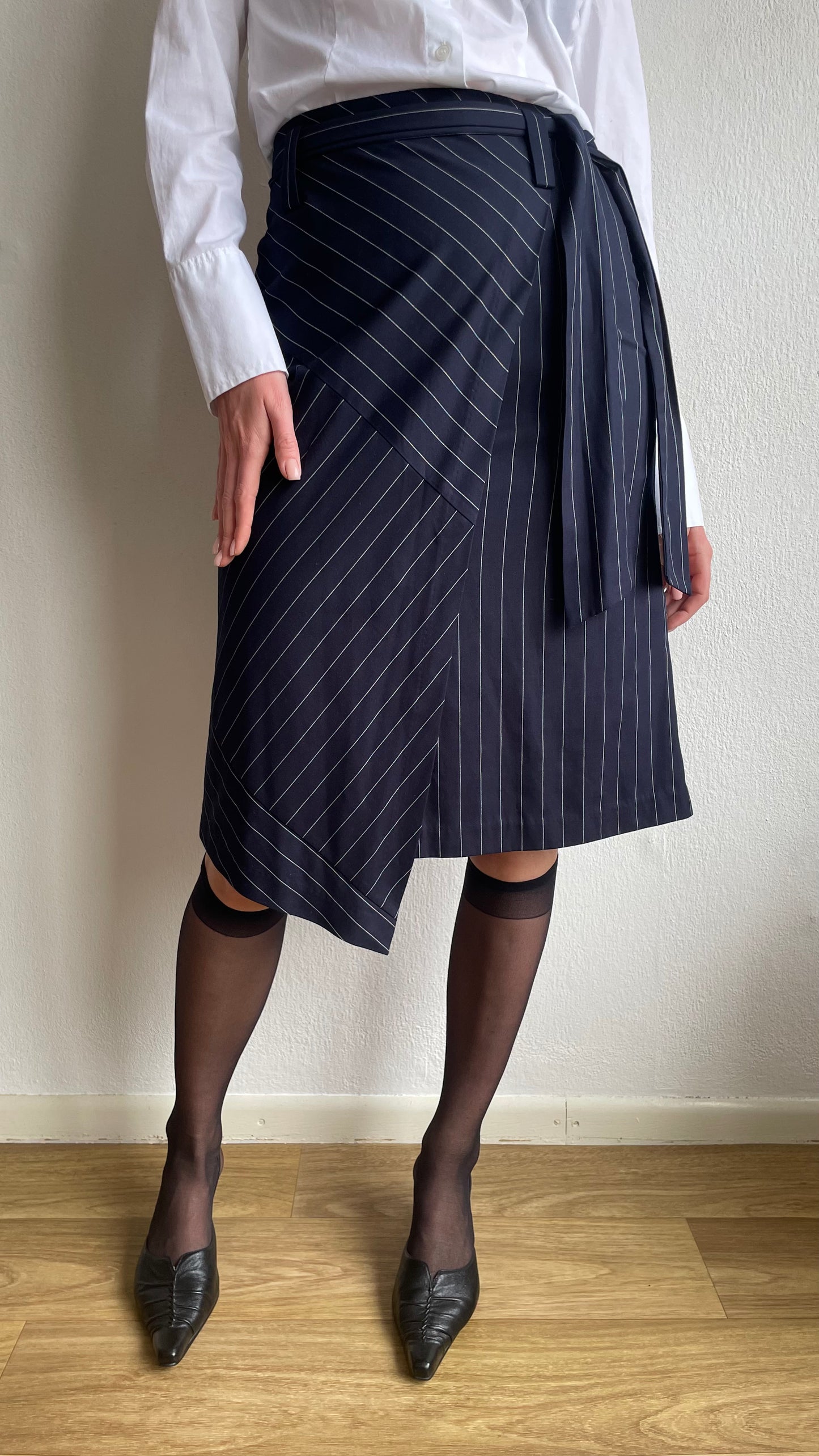 pinstriped blue asymmetrical wrap skirt