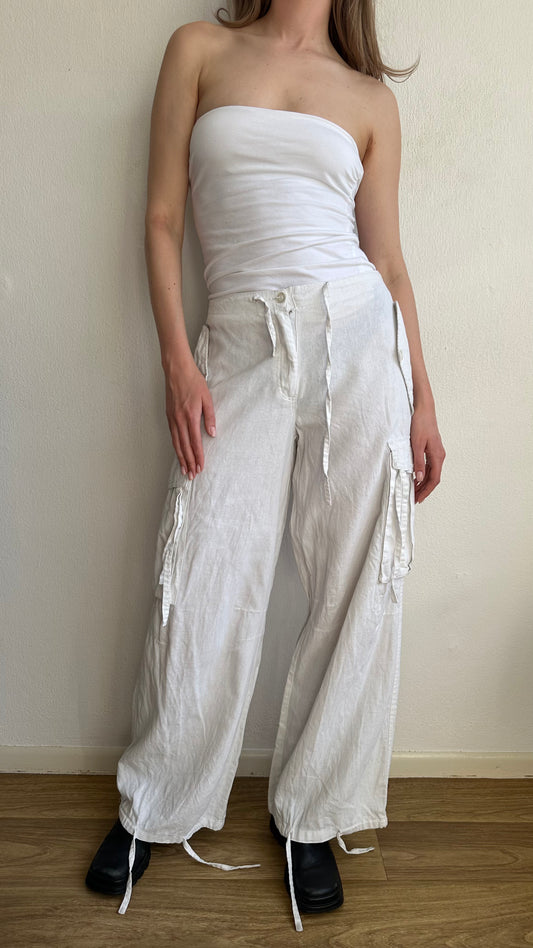 beige/white linen cargo pants