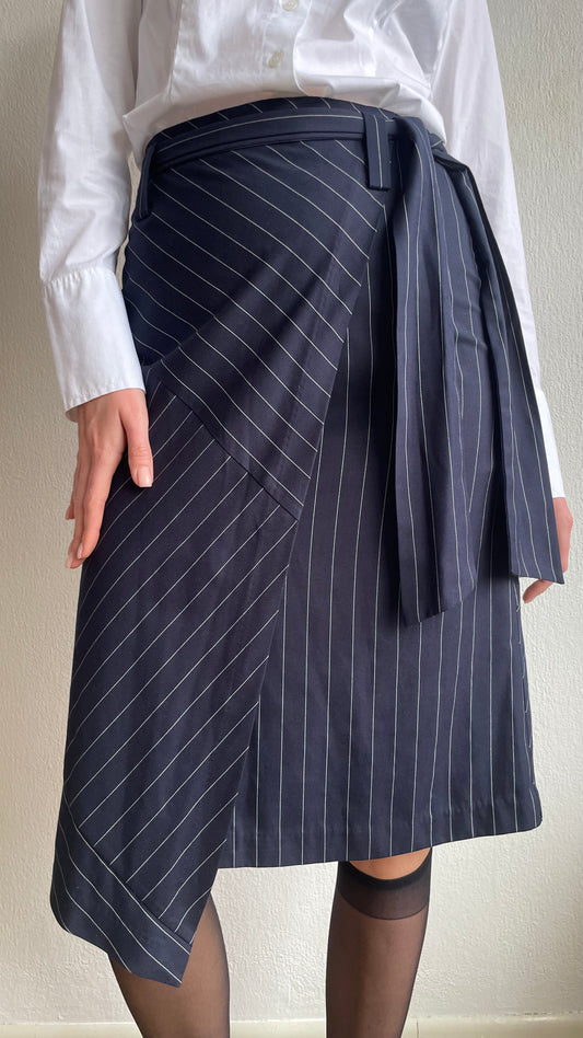 pinstriped blue asymmetrical wrap skirt